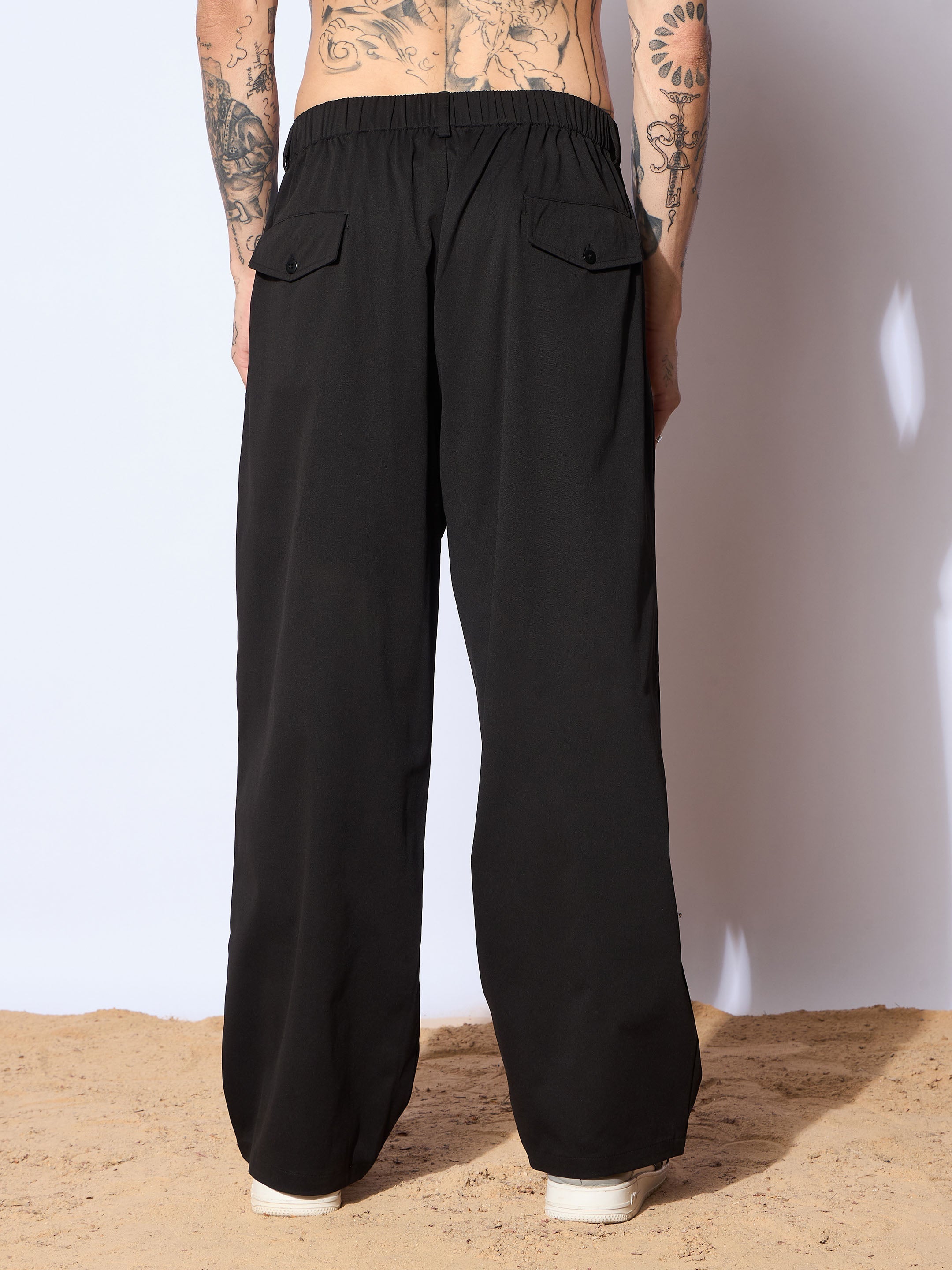 Men Black Front Pleated Korean Pants