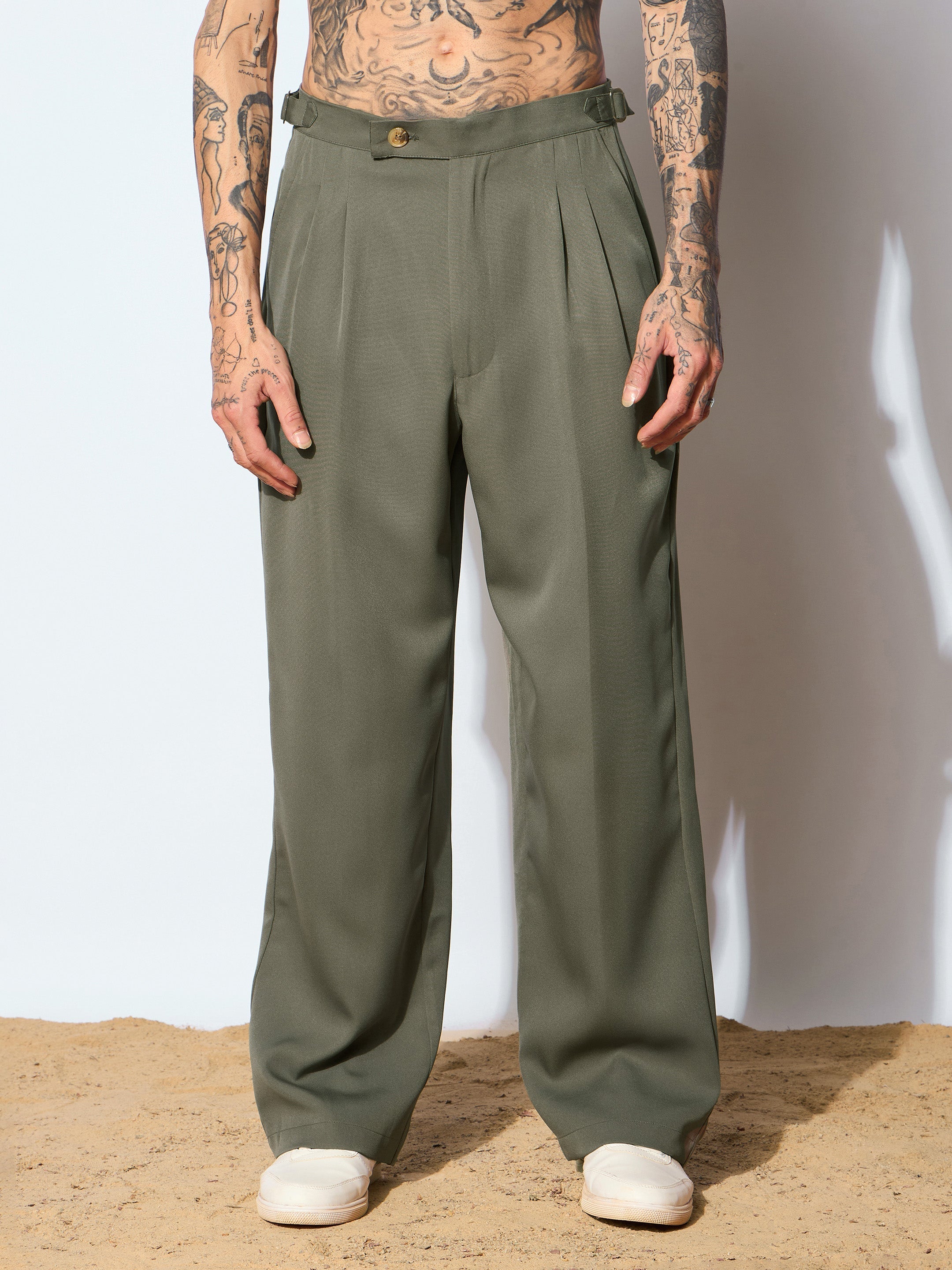 Men Green Korean Relax Fit Trousers