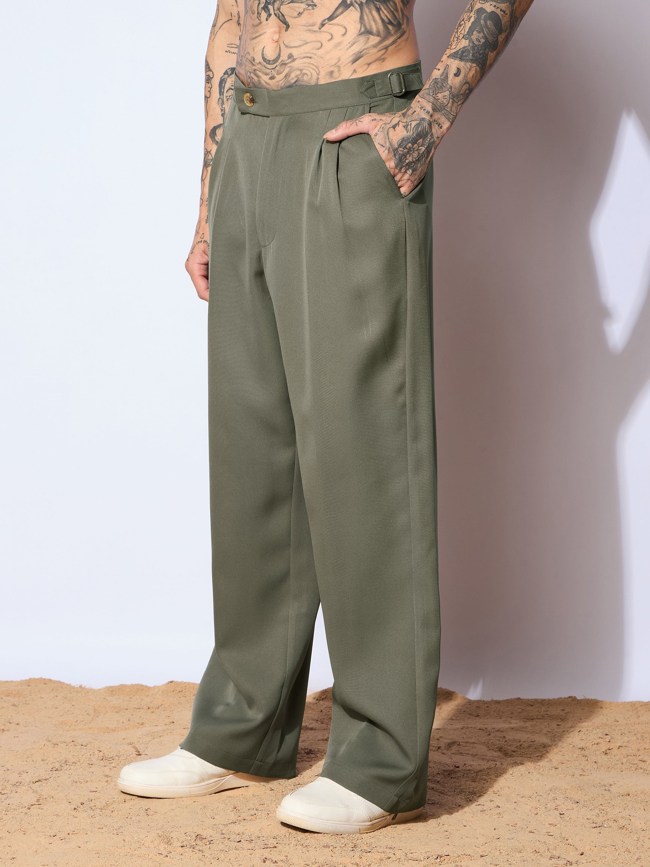 Men Green Korean Relax Fit Trousers