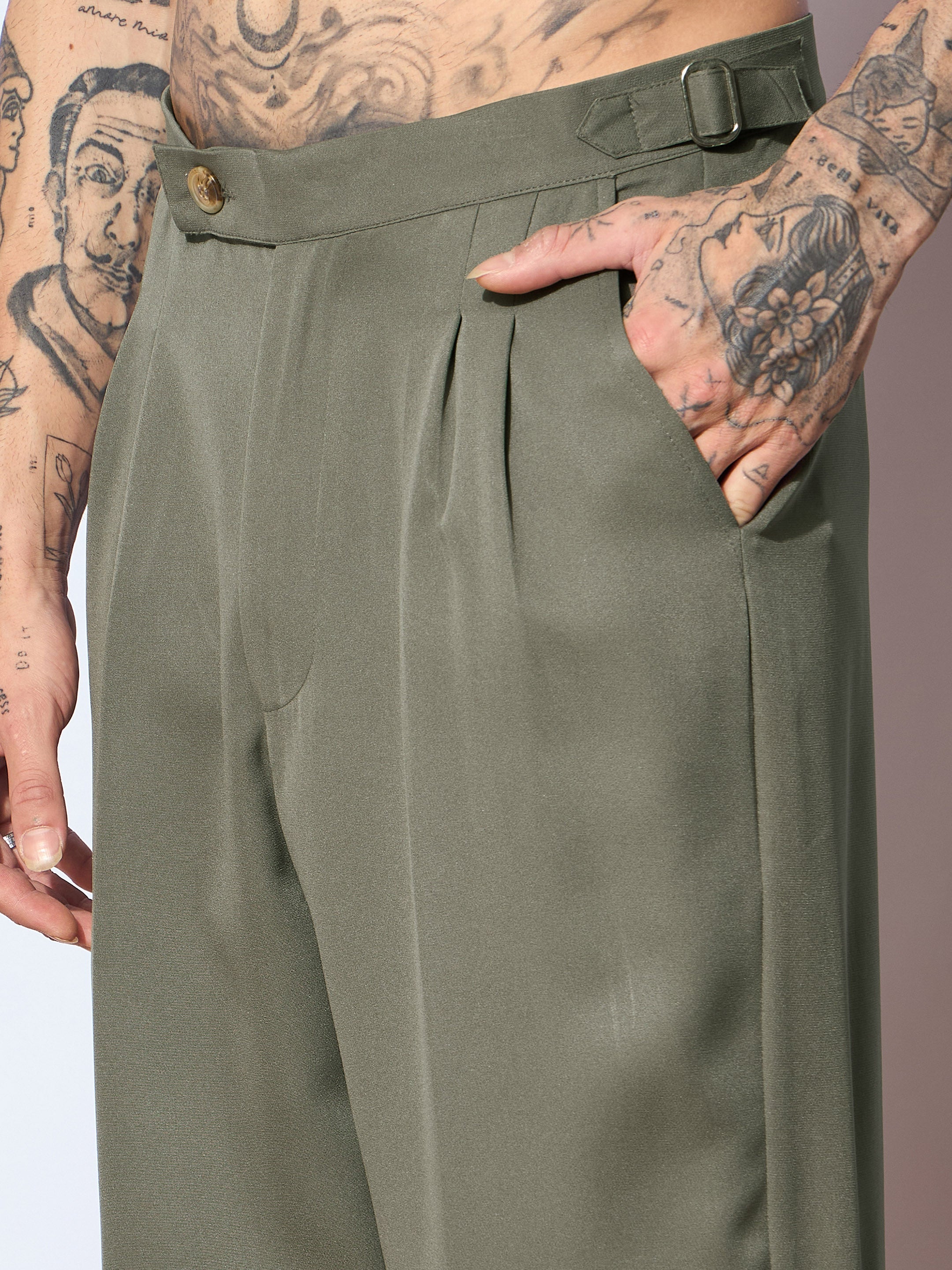 Men Green Korean Relax Fit Trousers