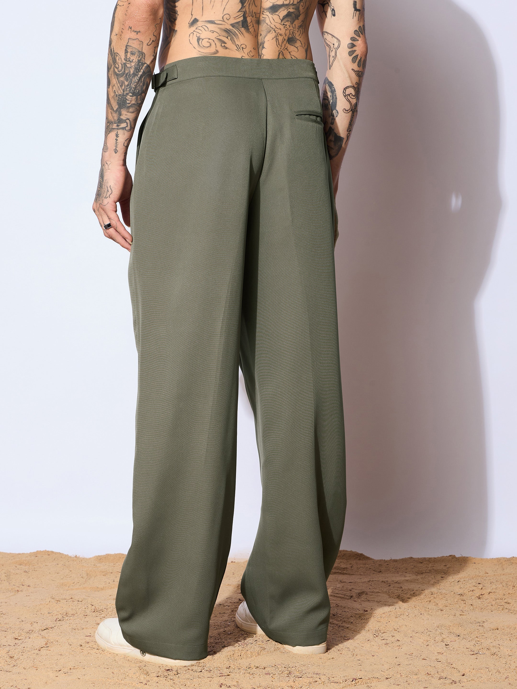 Men Green Korean Relax Fit Trousers