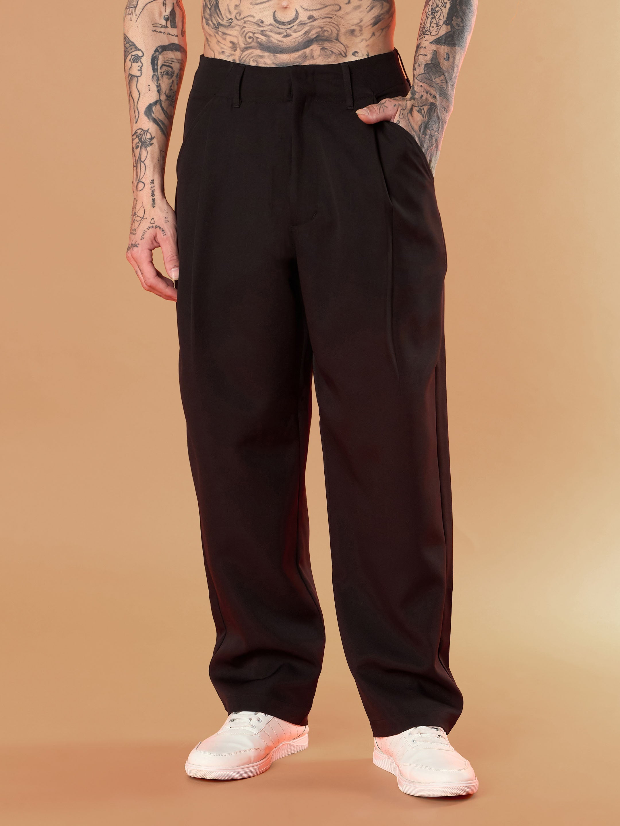 Men Black Straight Pleated Trousers