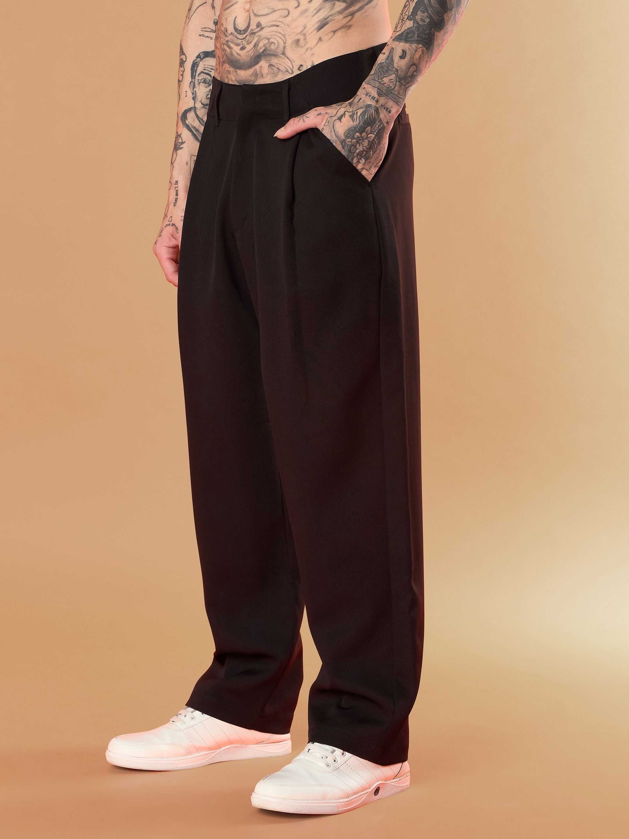 Men Black Straight Pleated Trousers