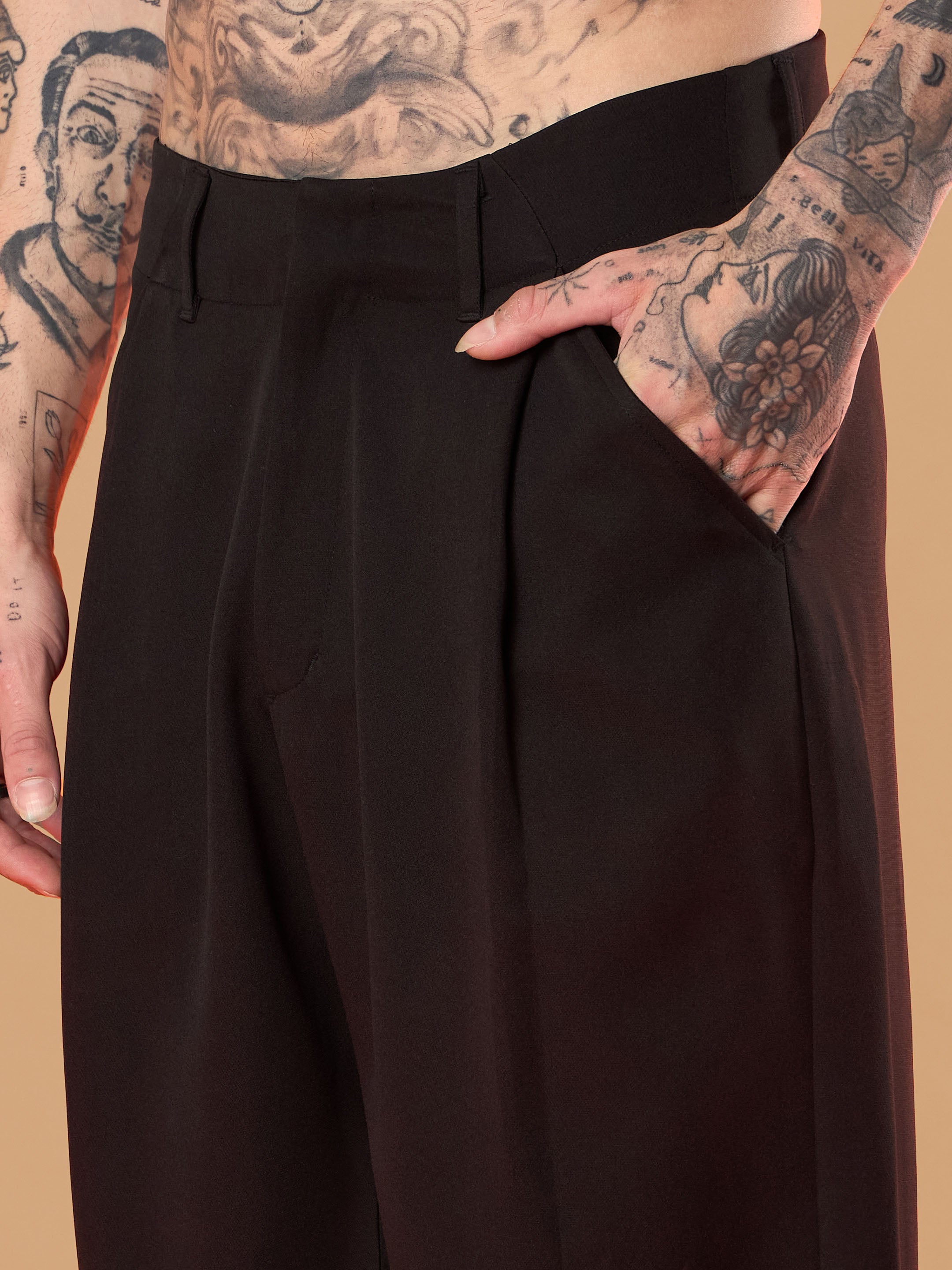 Men Black Straight Pleated Trousers