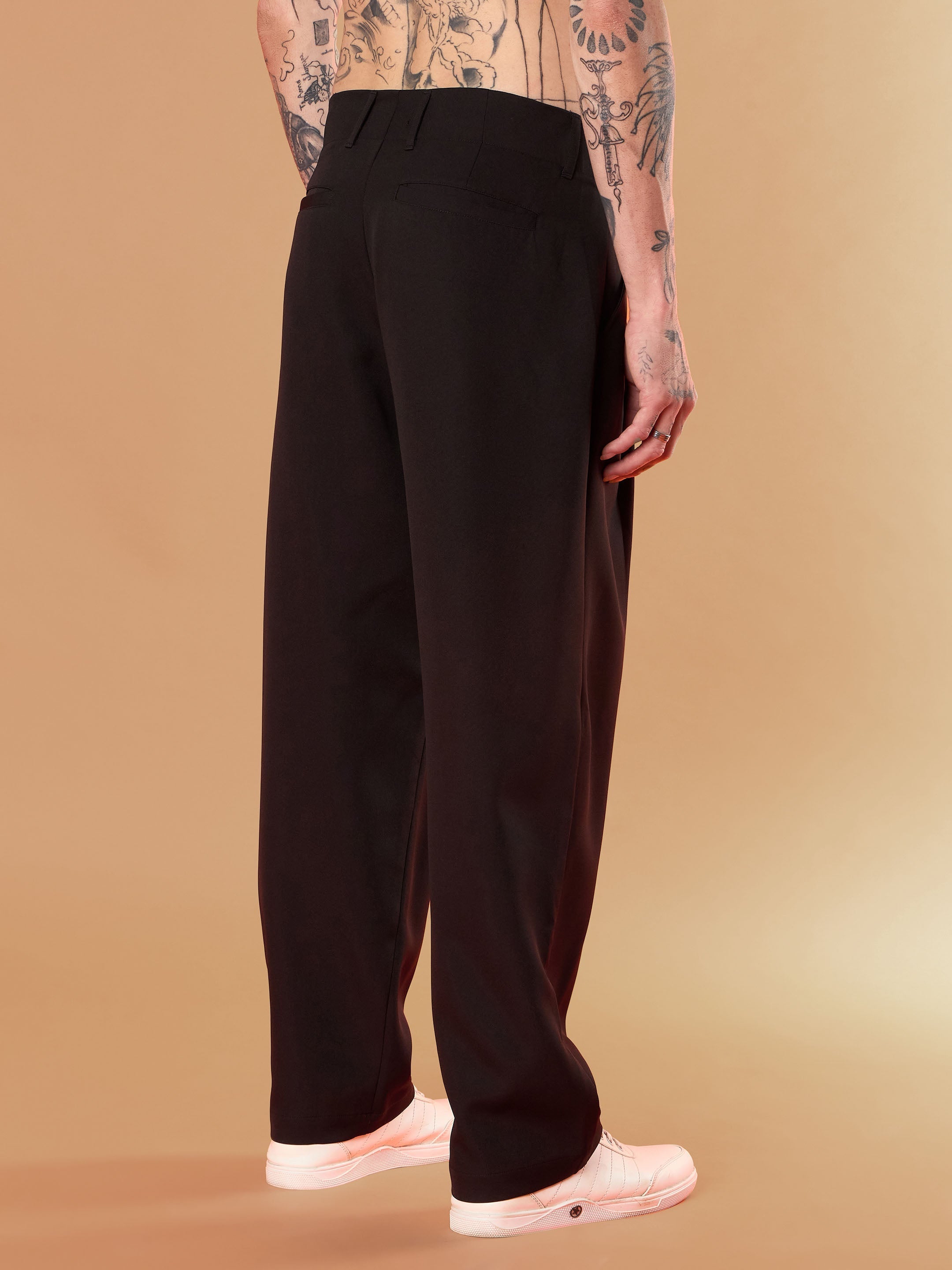 Men Black Straight Pleated Trousers