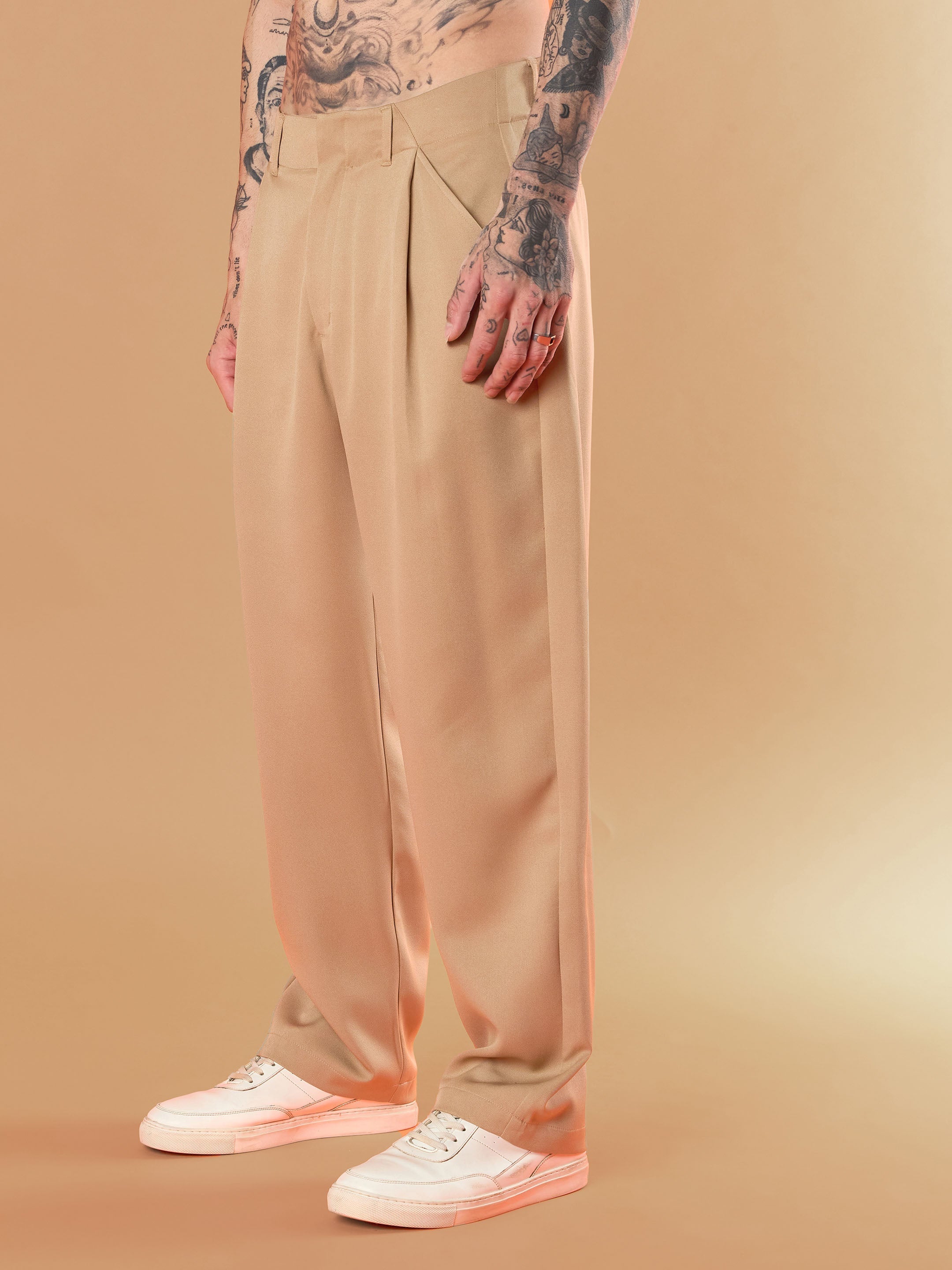 Men Beige Straight Pleated Trousers