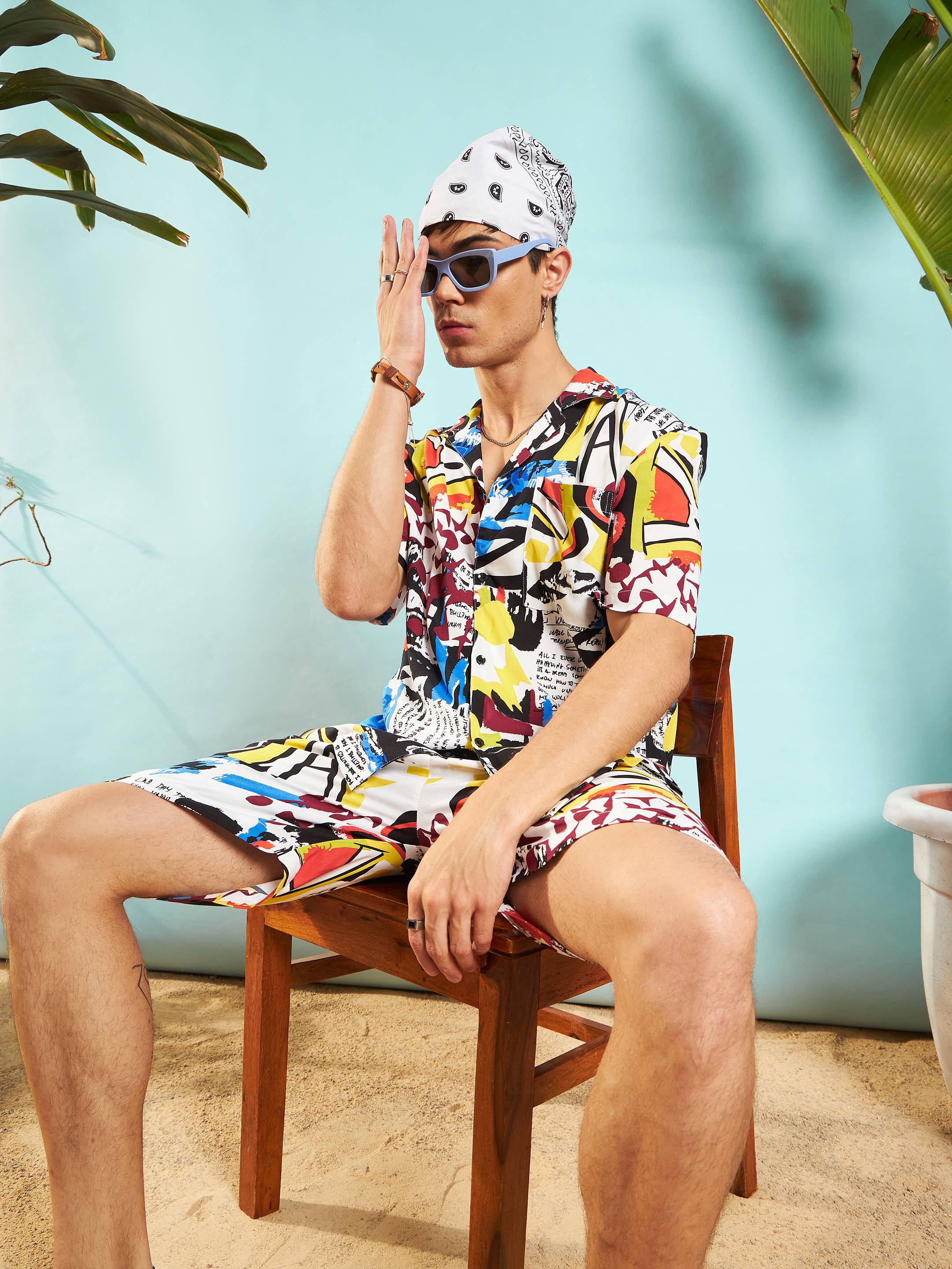 Men White Multi Colour Abstract Shirt With Shorts