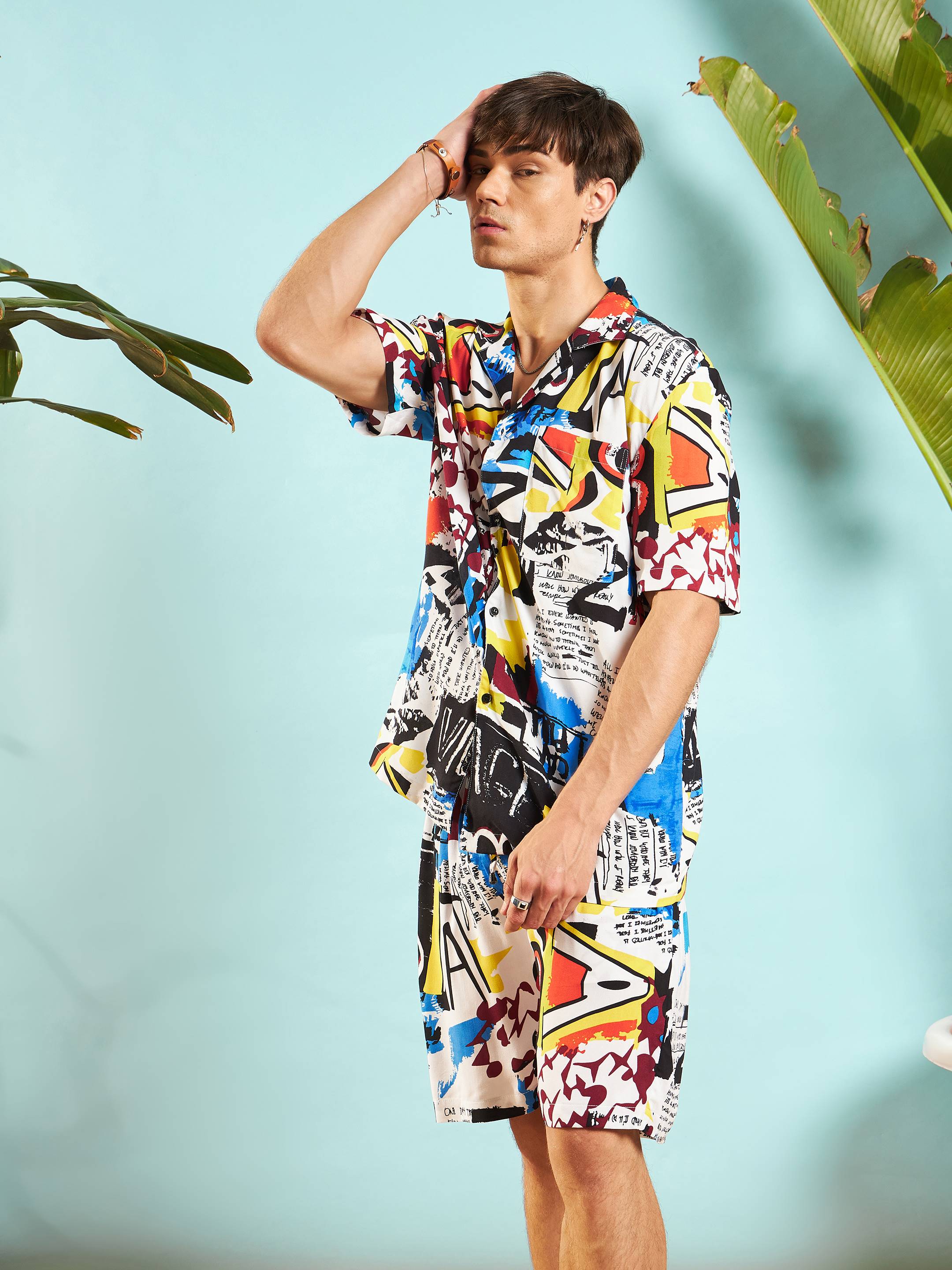 Men White Multi Colour Abstract Shirt With Shorts