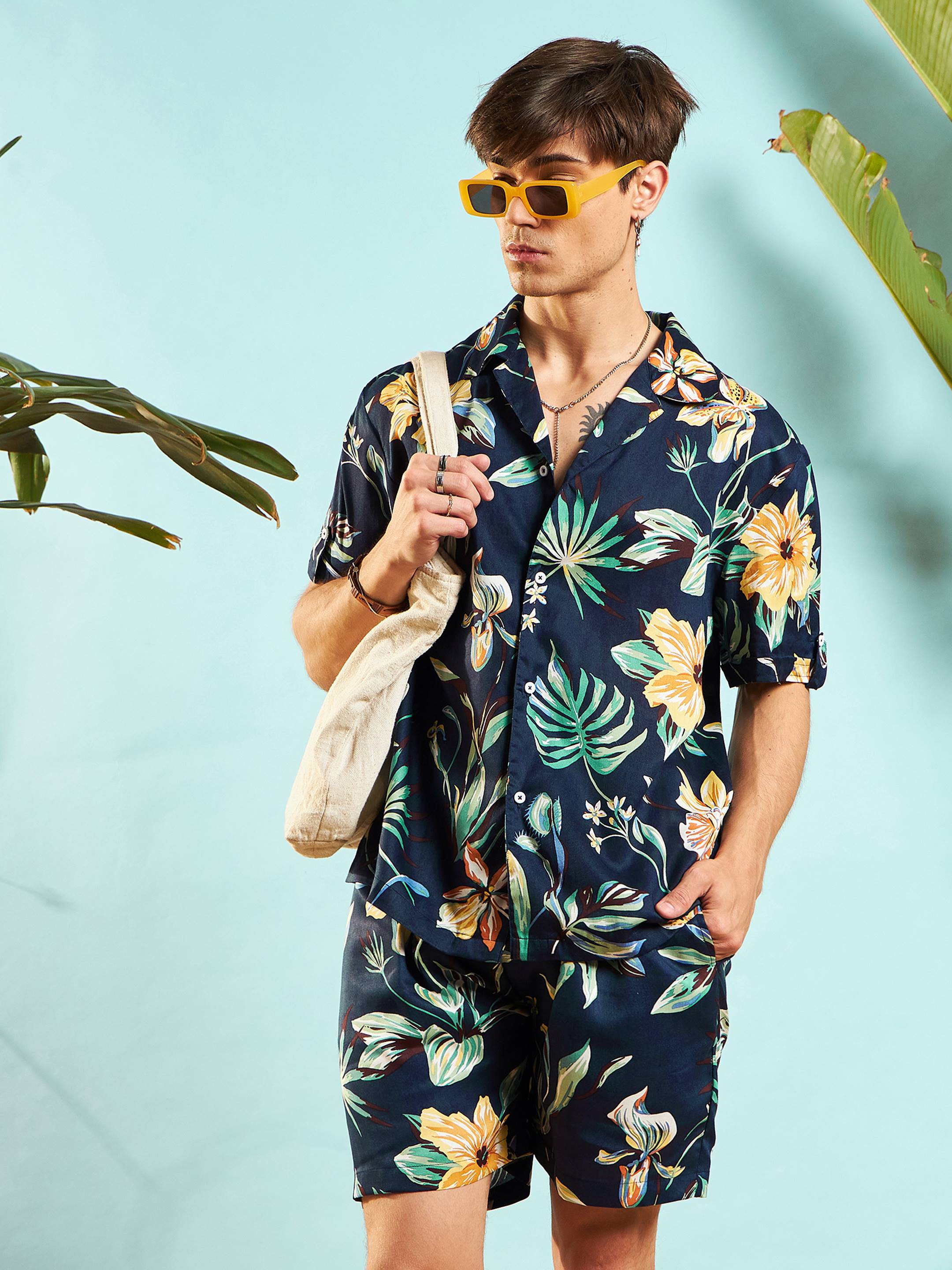 Men Navy Blue Tropical Shirt With Shorts