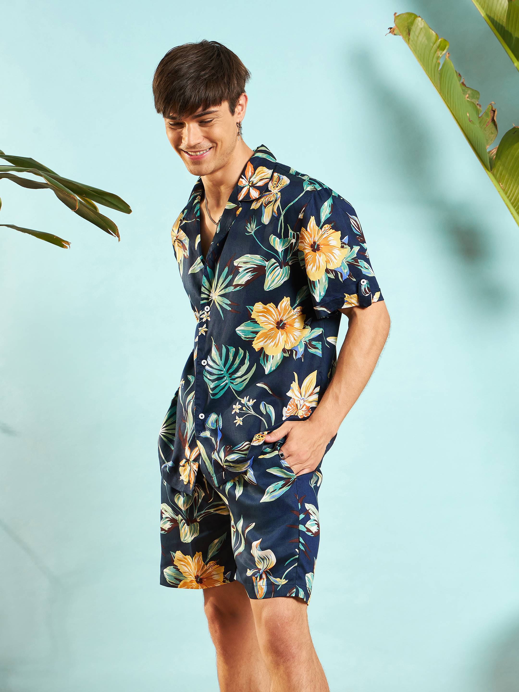 Men Navy Blue Tropical Shirt With Shorts