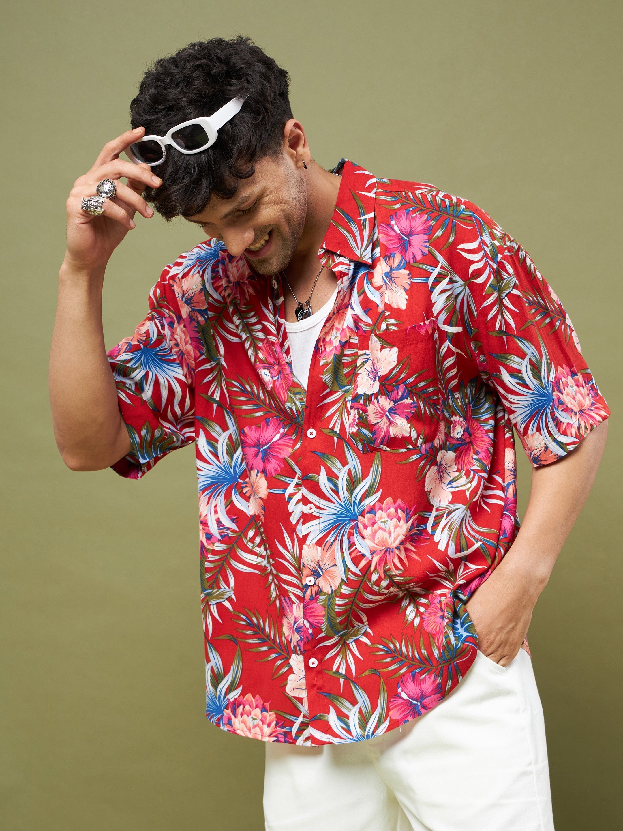 Men Red Tropical Floral Oversized Shirt