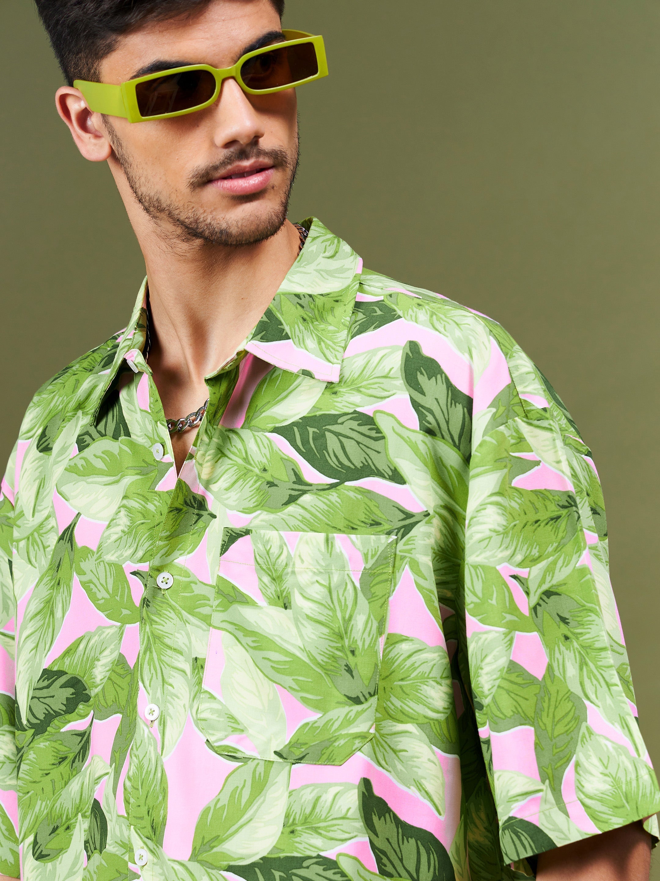 Men Green Tropical Oversized Shirt