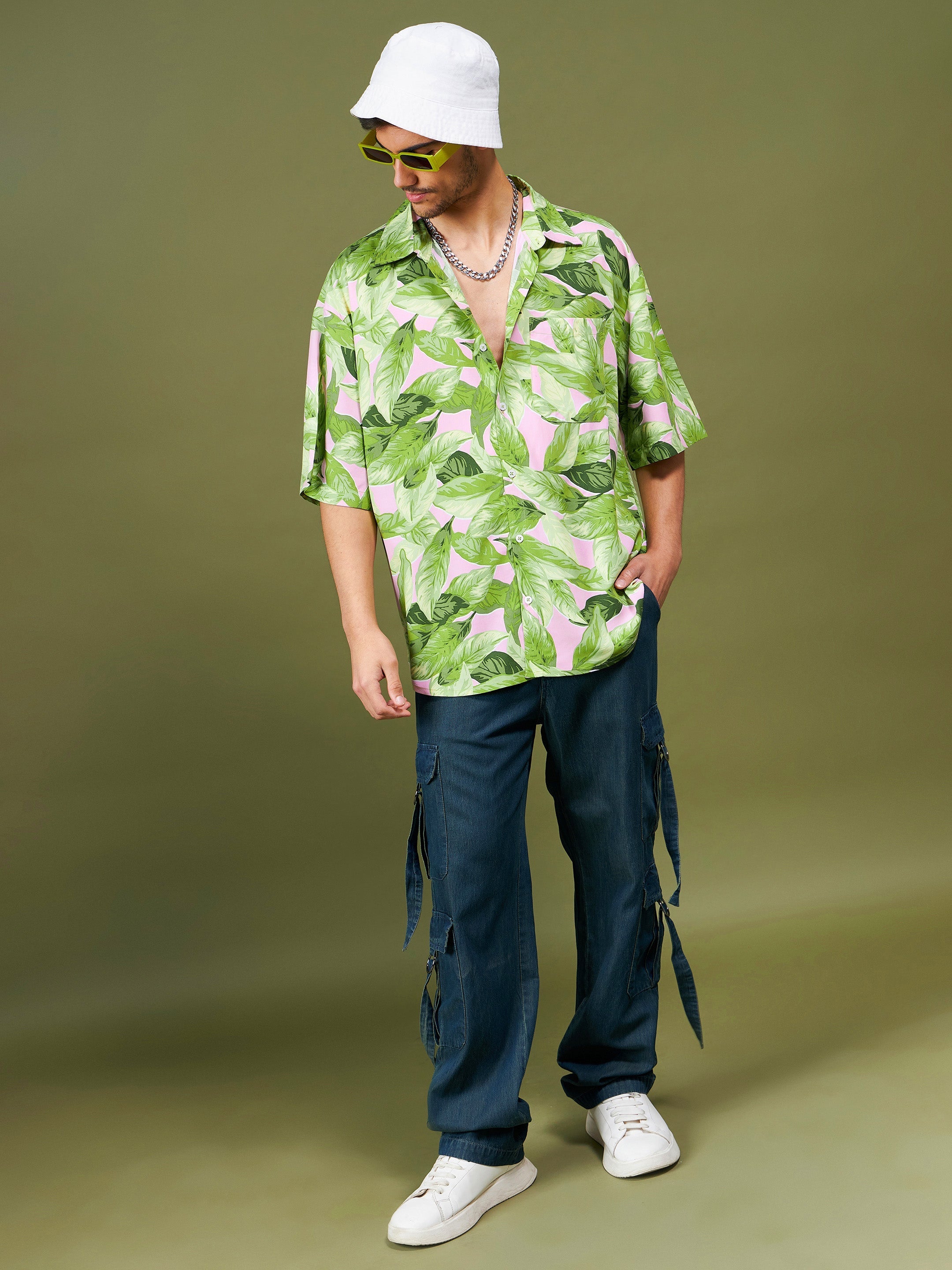 Men Green Tropical Oversized Shirt