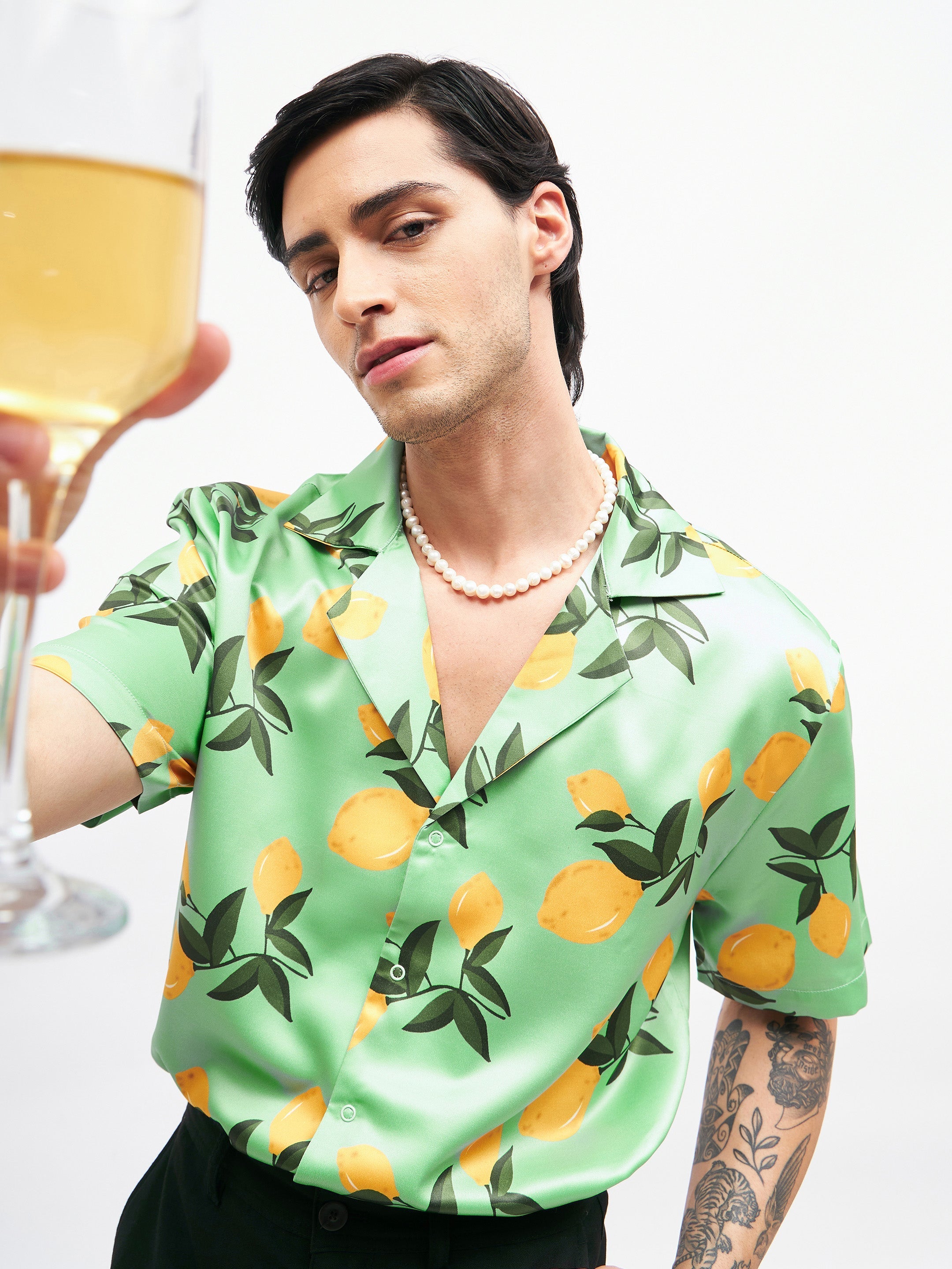 Men Green Tropical Short Sleeves Satin Shirt