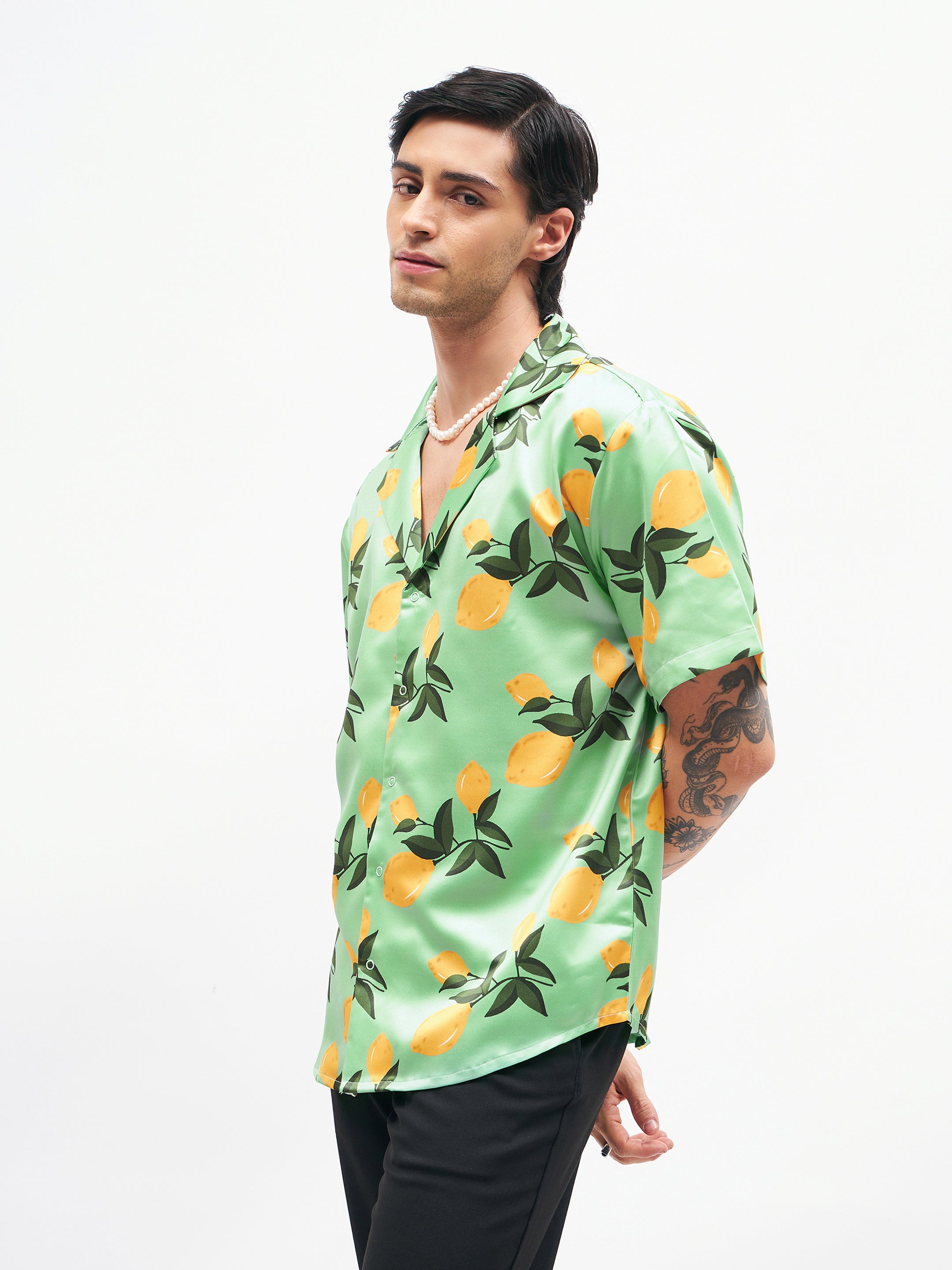 Men Green Tropical Short Sleeves Satin Shirt