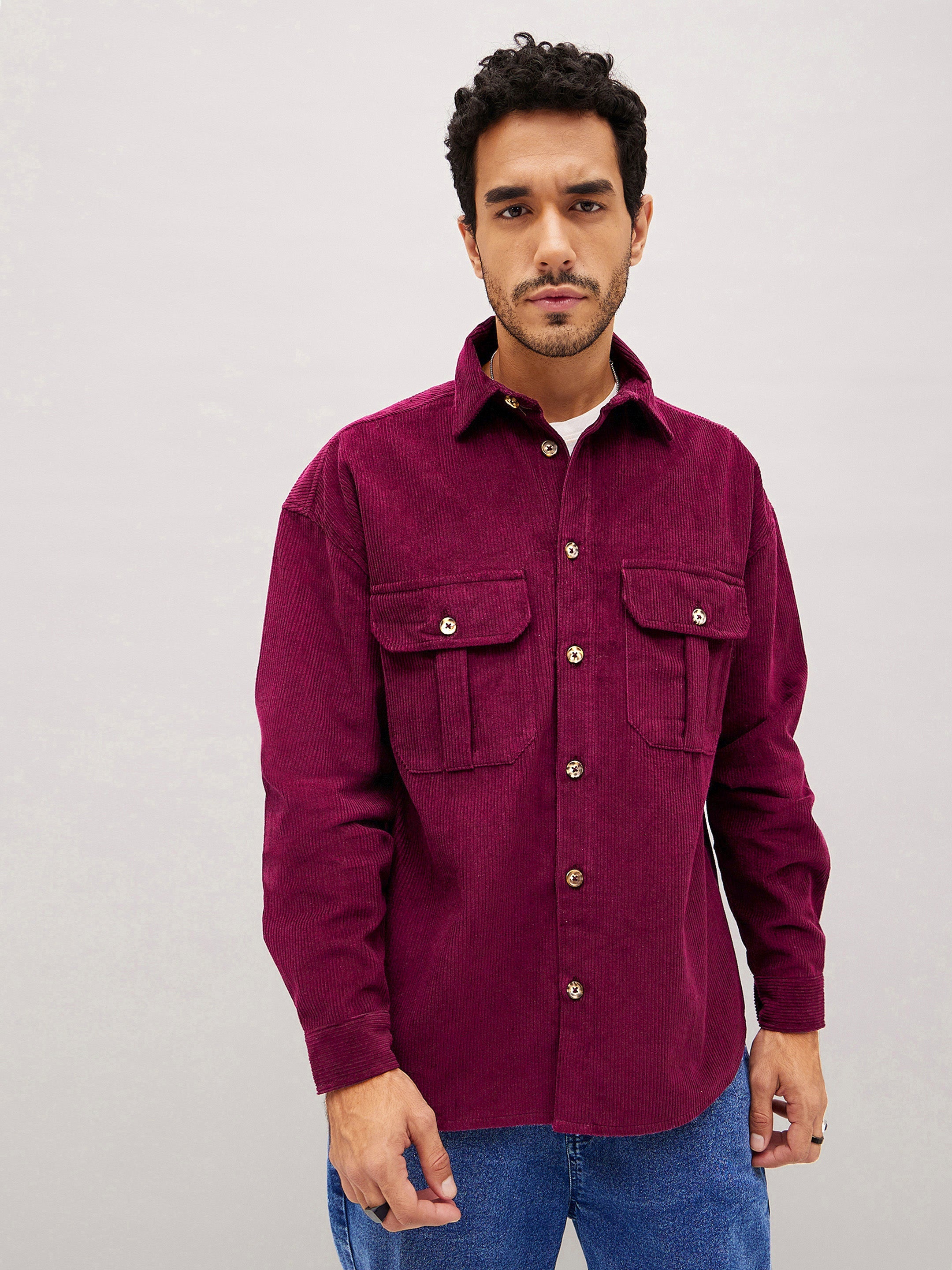 Men Maroon Corduroy Oversized Shacket