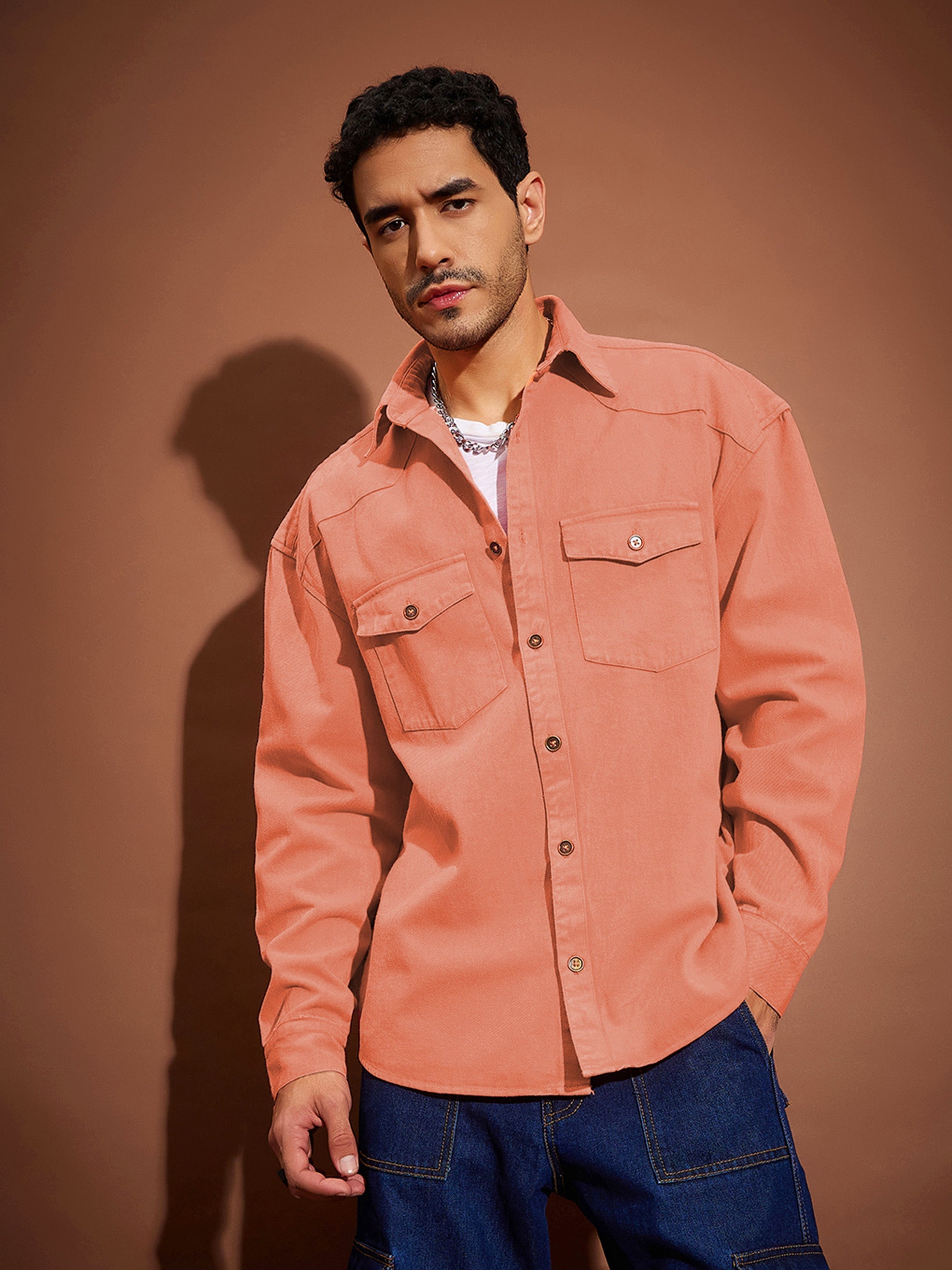 Men Orange Washed Denim Oversized Shirt