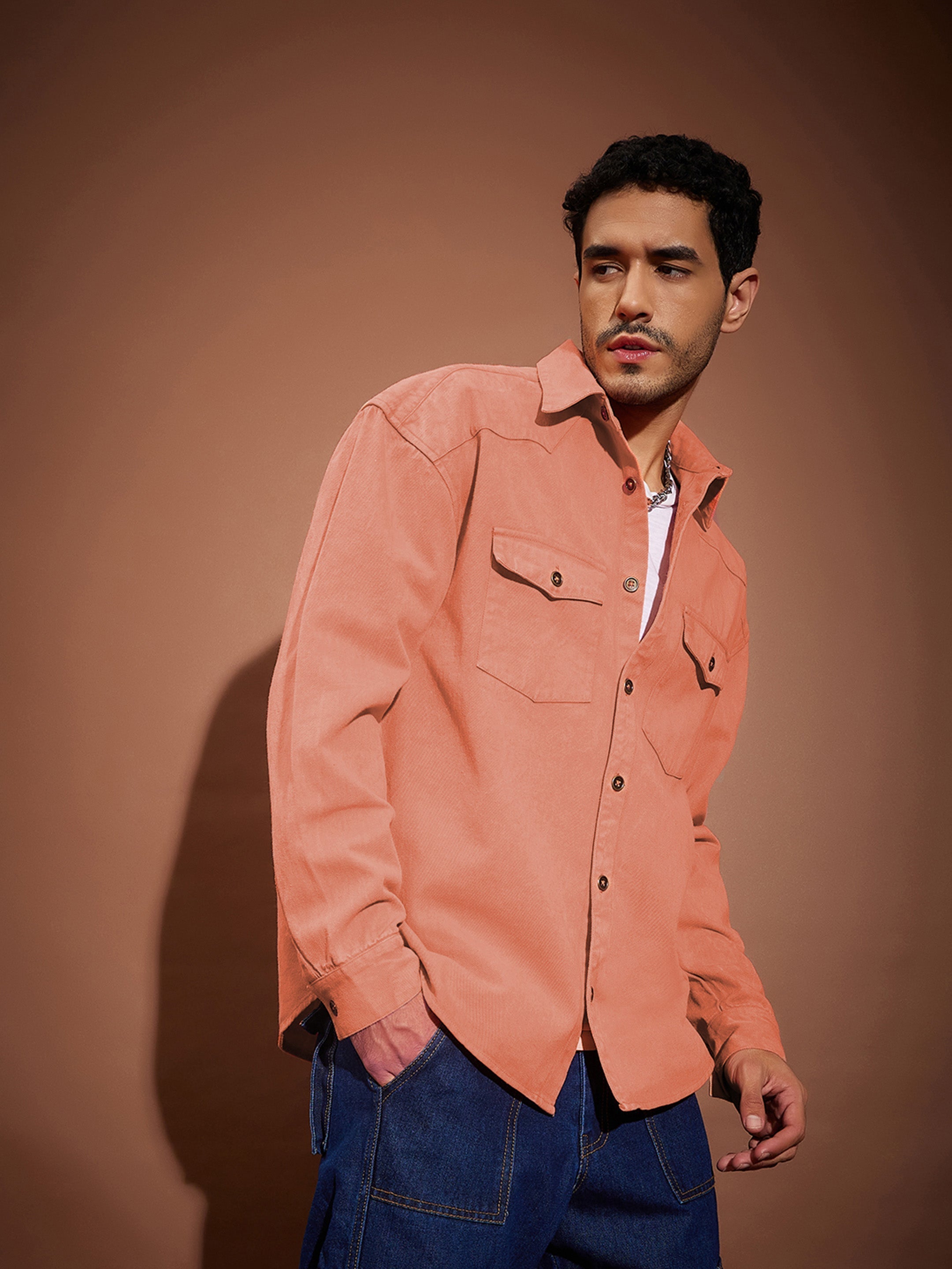 Men Orange Washed Denim Oversized Shirt