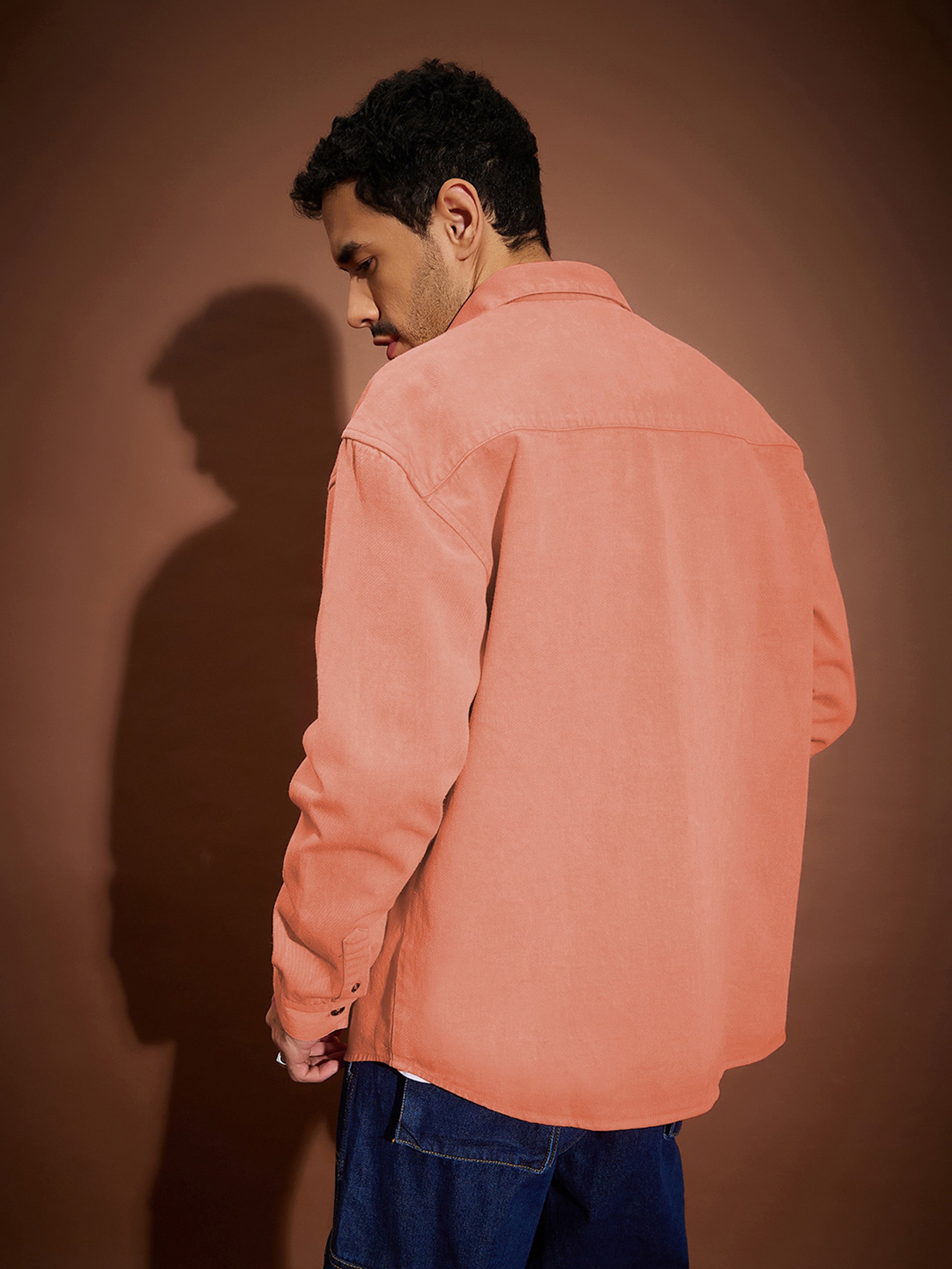 Men Orange Washed Denim Oversized Shirt