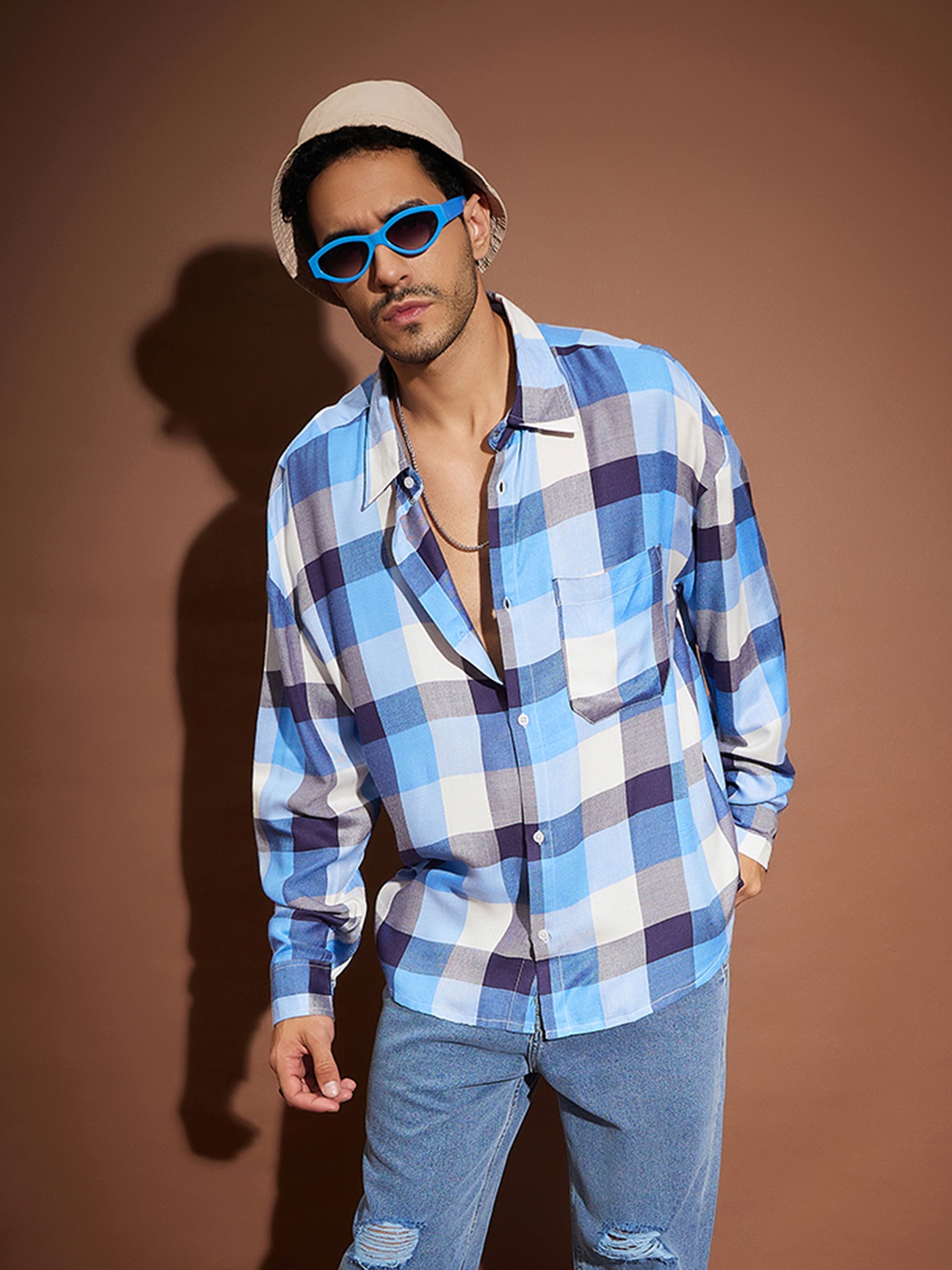 Men Blue & White Check Oversized Shirt