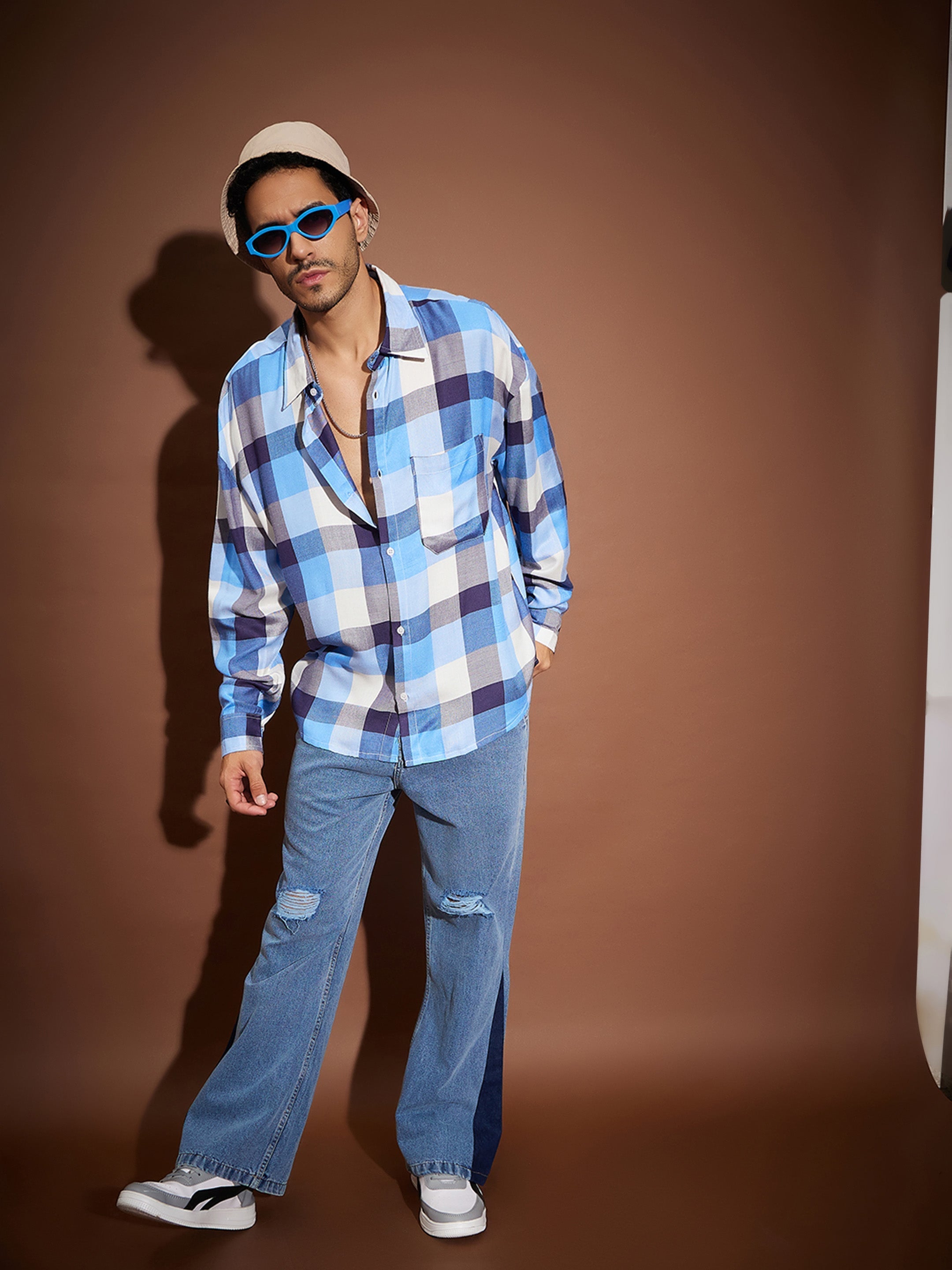 Men Blue & White Check Oversized Shirt