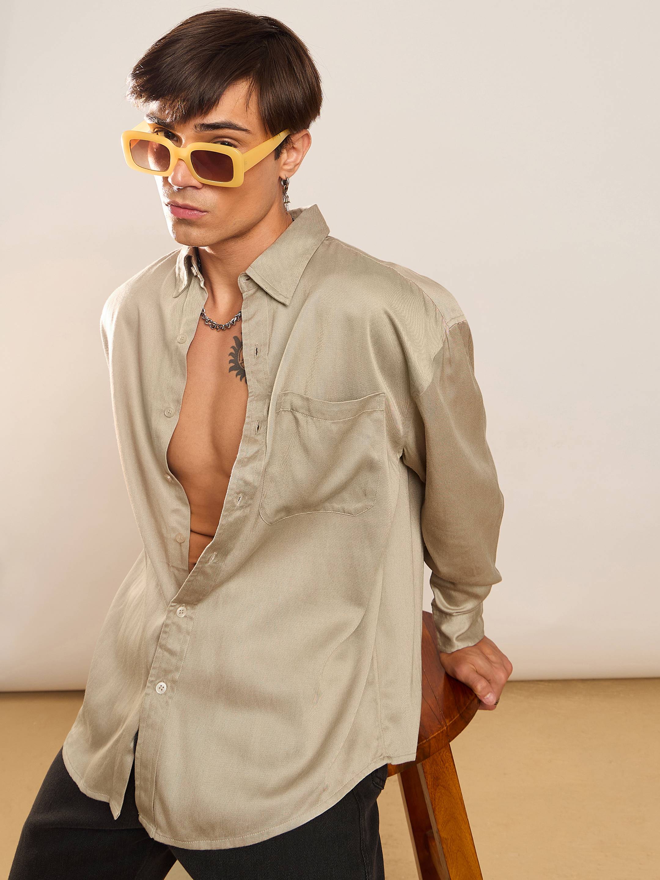 Men Beige Twill Oversize Shirt