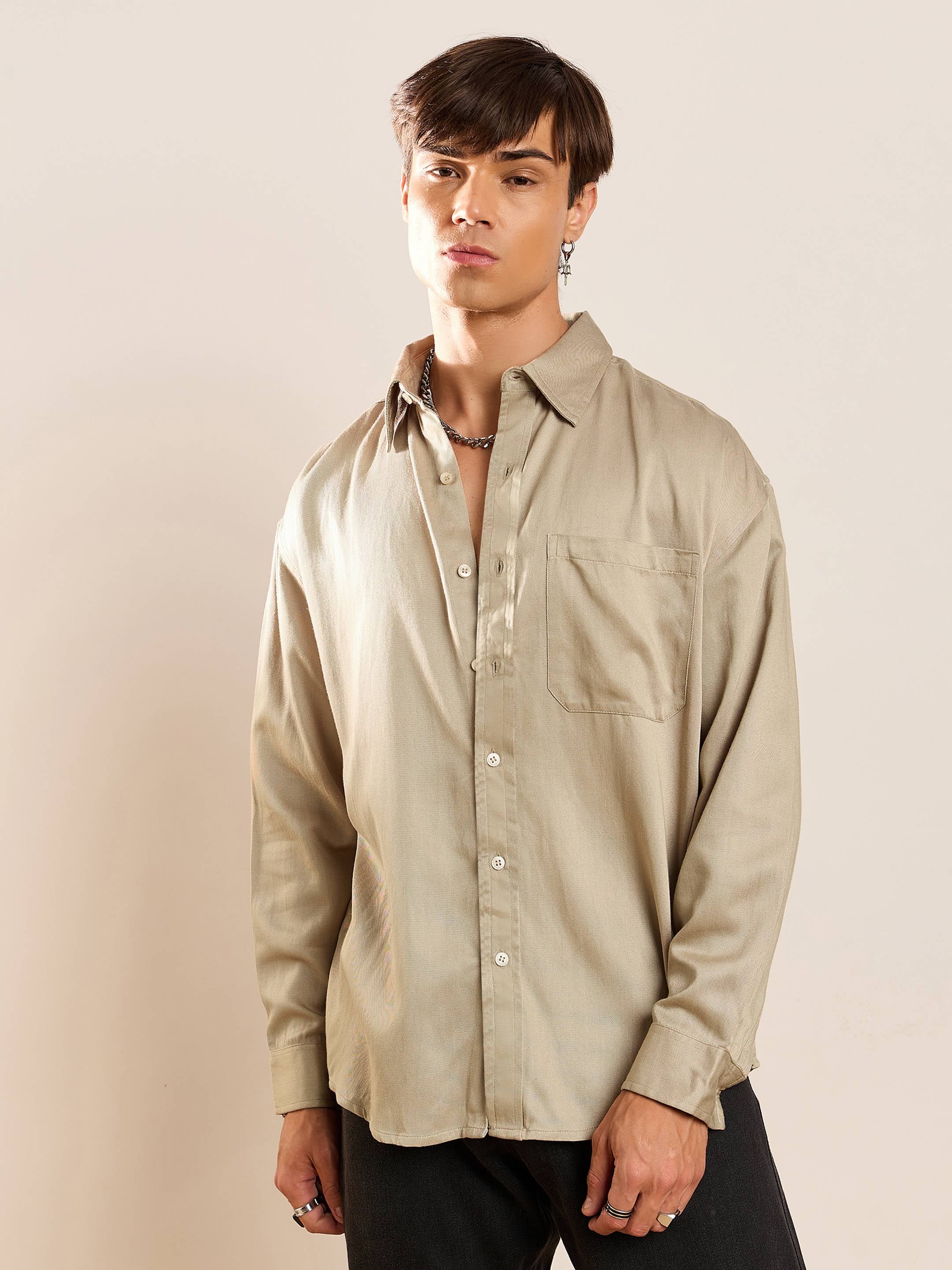 Men Beige Twill Oversize Shirt