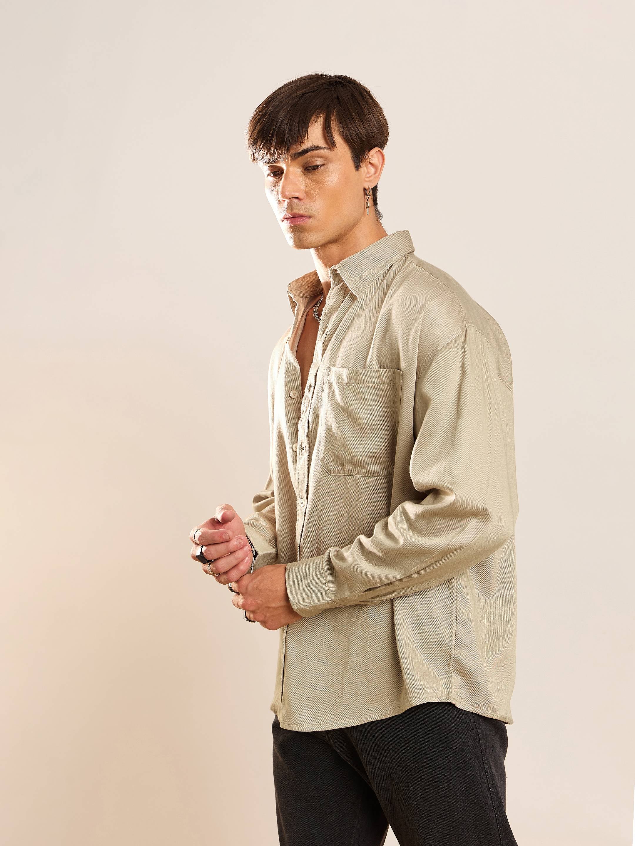 Men Beige Twill Oversize Shirt