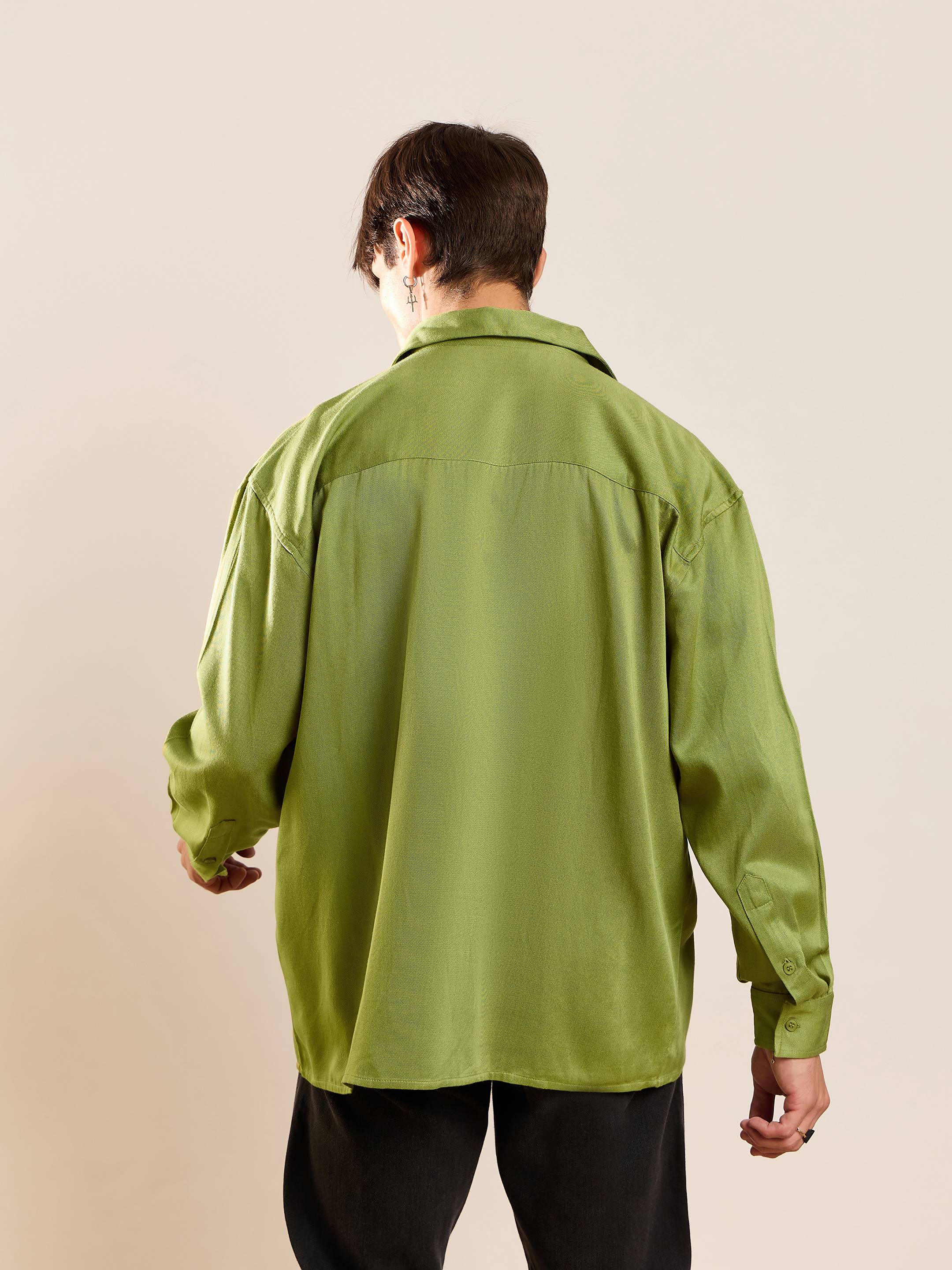 Men Green Twill Utility Pocket Oversize Shirt