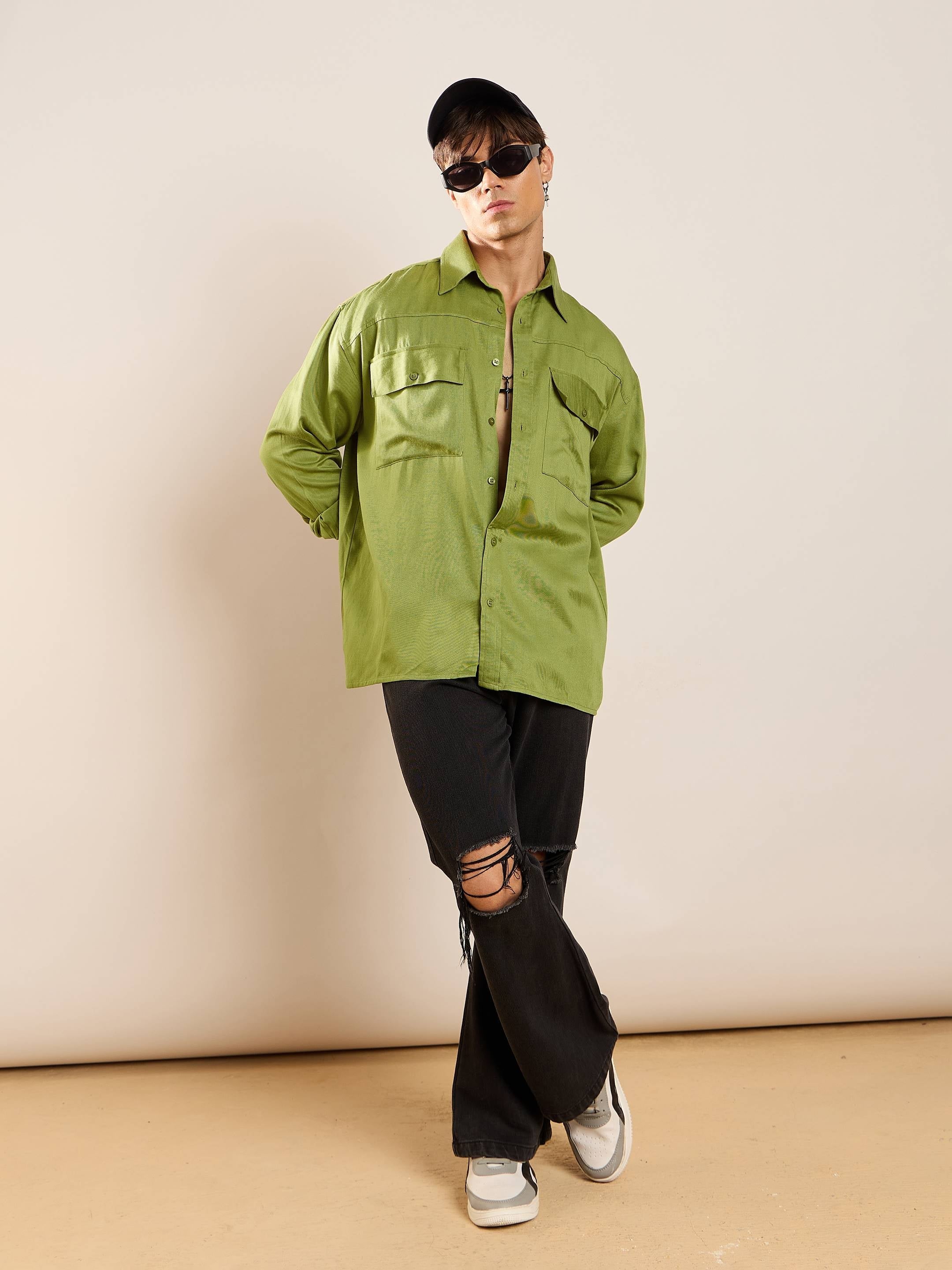 Men Green Twill Utility Pocket Oversize Shirt