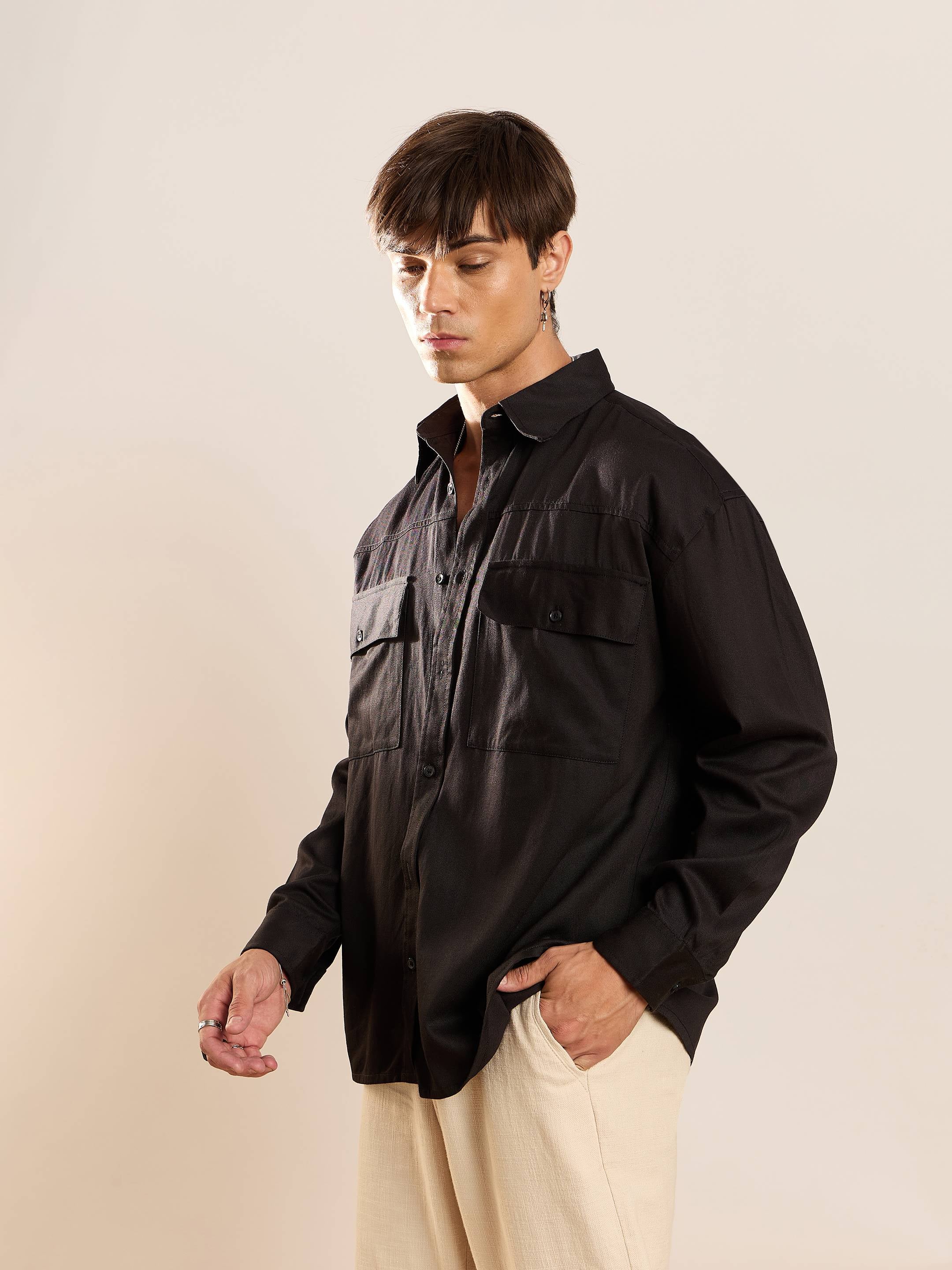 Men Black Twill Utility Pocket Oversize Shirt