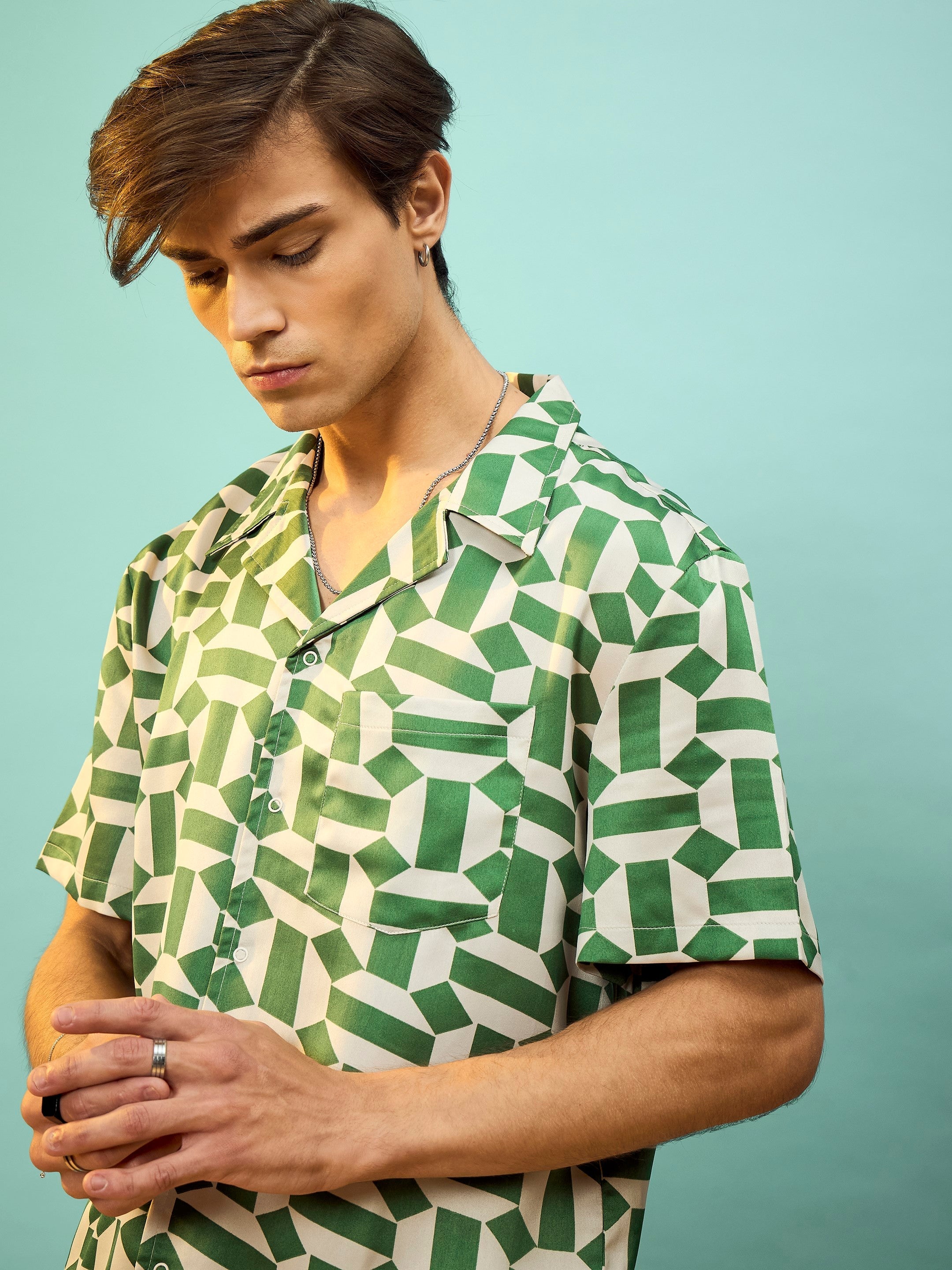 Men Green Satin Printed Relax Fit Shirt