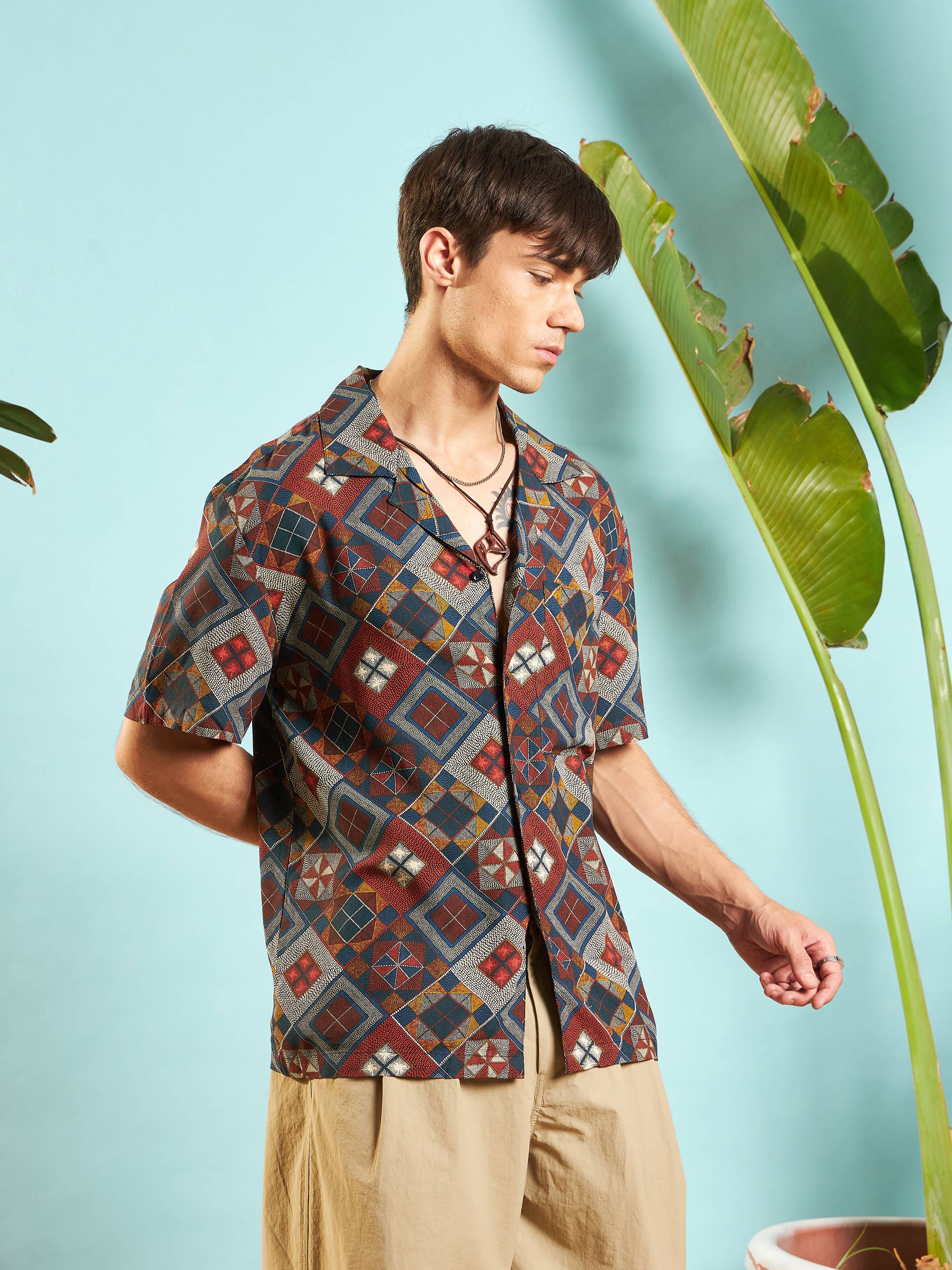 Men Rust Geometric Relax Fit Shirt