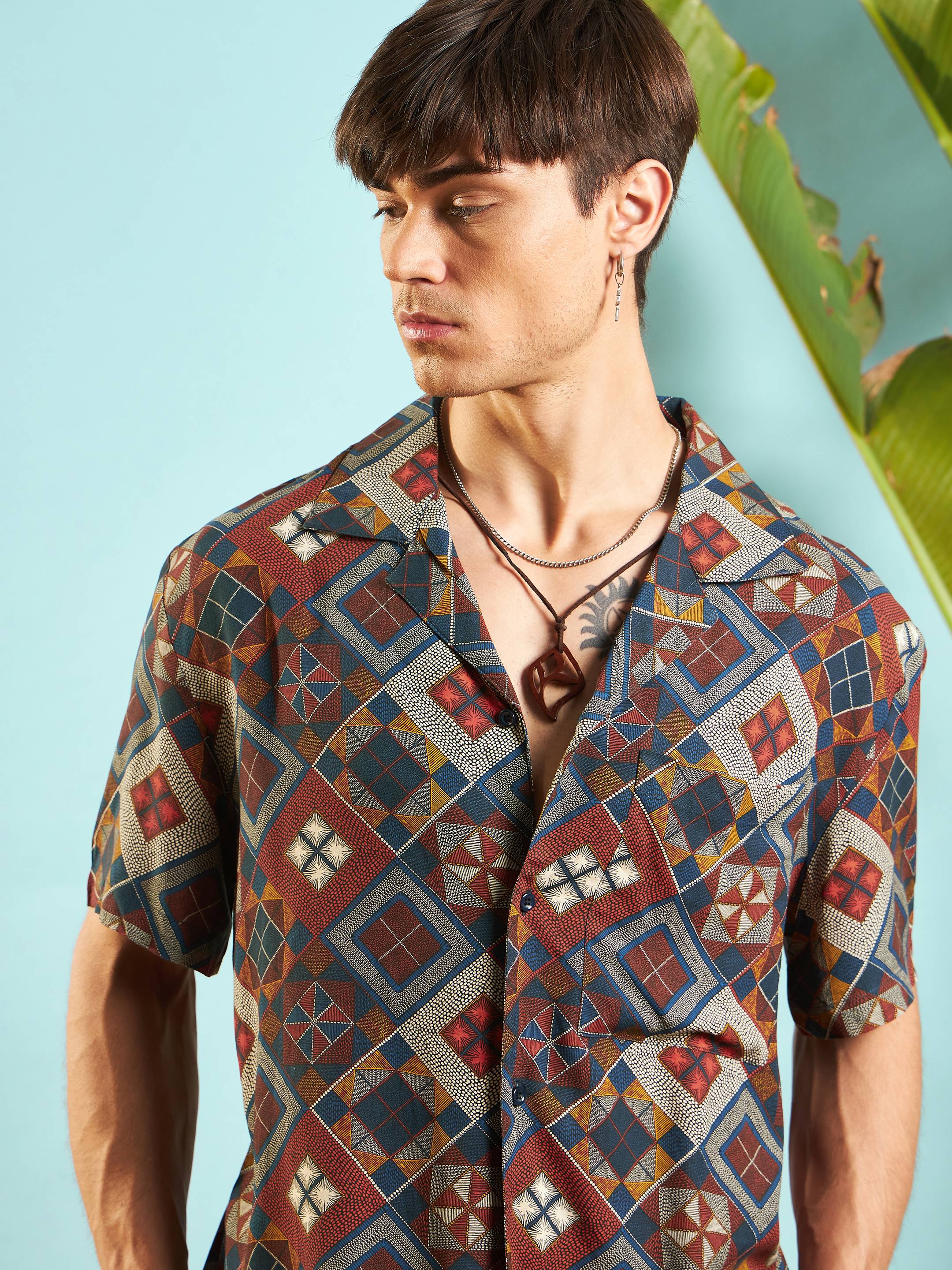 Men Rust Geometric Relax Fit Shirt