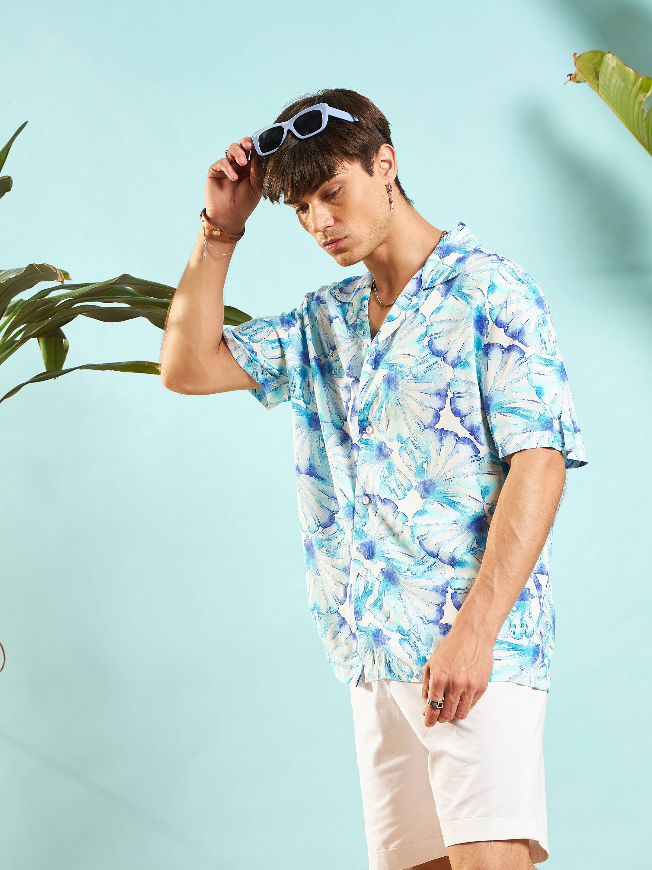 Men White & Blue Floral Rollup Sleeves Relax Fit Shirt