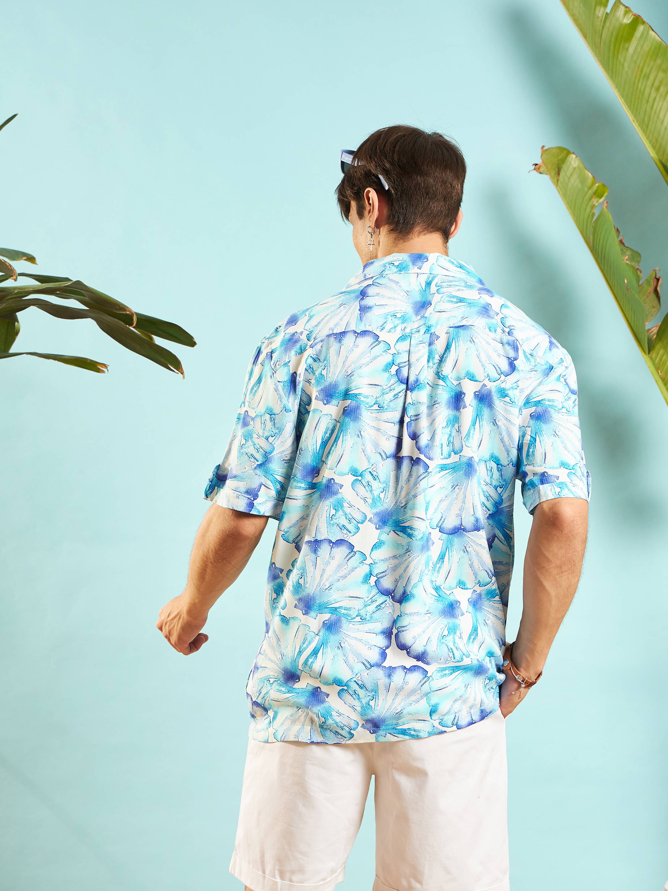 Men White & Blue Floral Rollup Sleeves Relax Fit Shirt