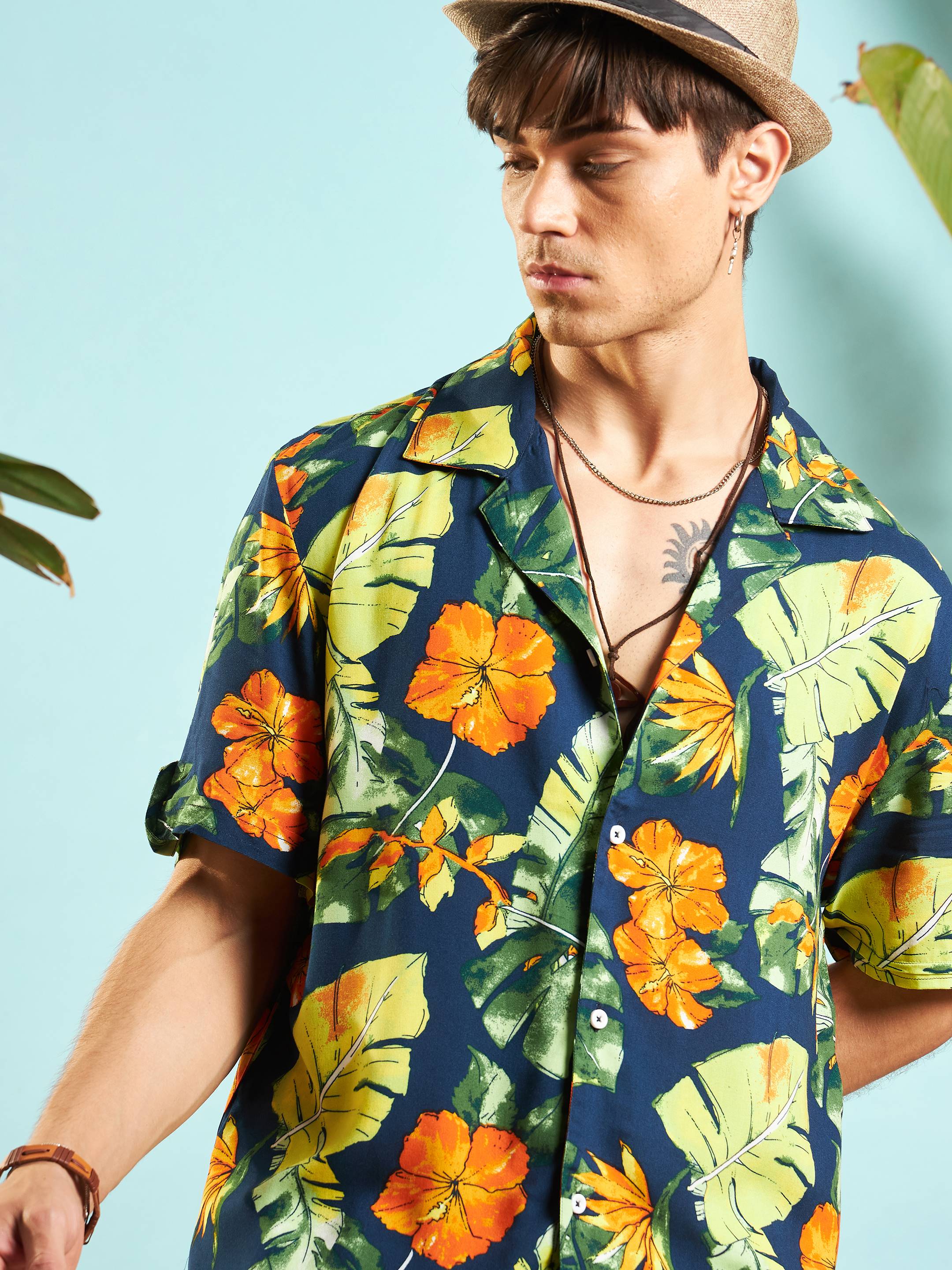 Men Navy Blue Tropical Print Relax Fit Shirt