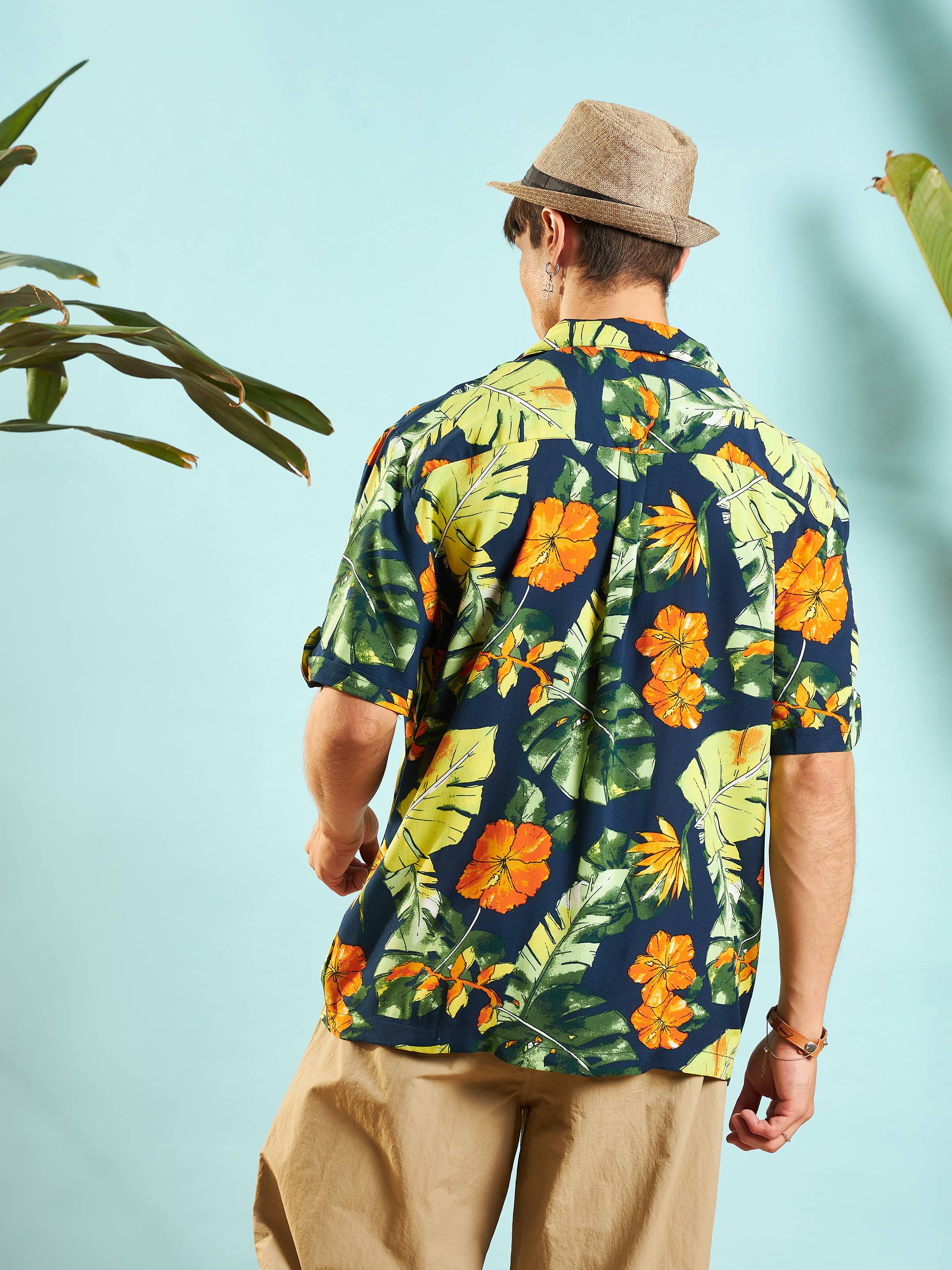 Men Navy Blue Tropical Print Relax Fit Shirt