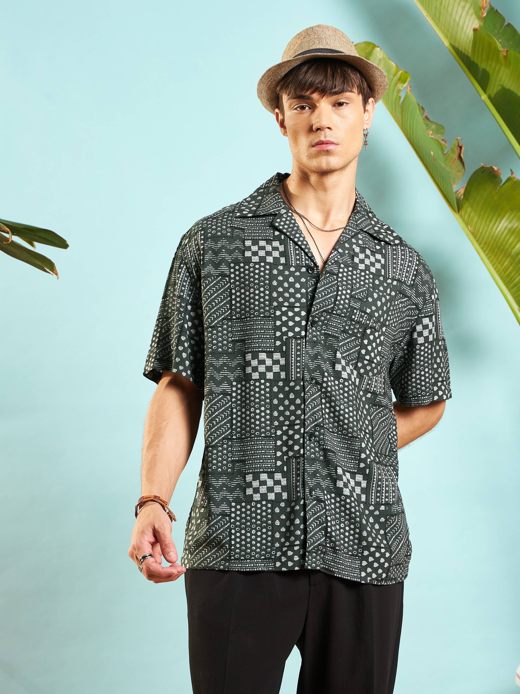 Men Olive Conversational Print Relax Fit Shirt