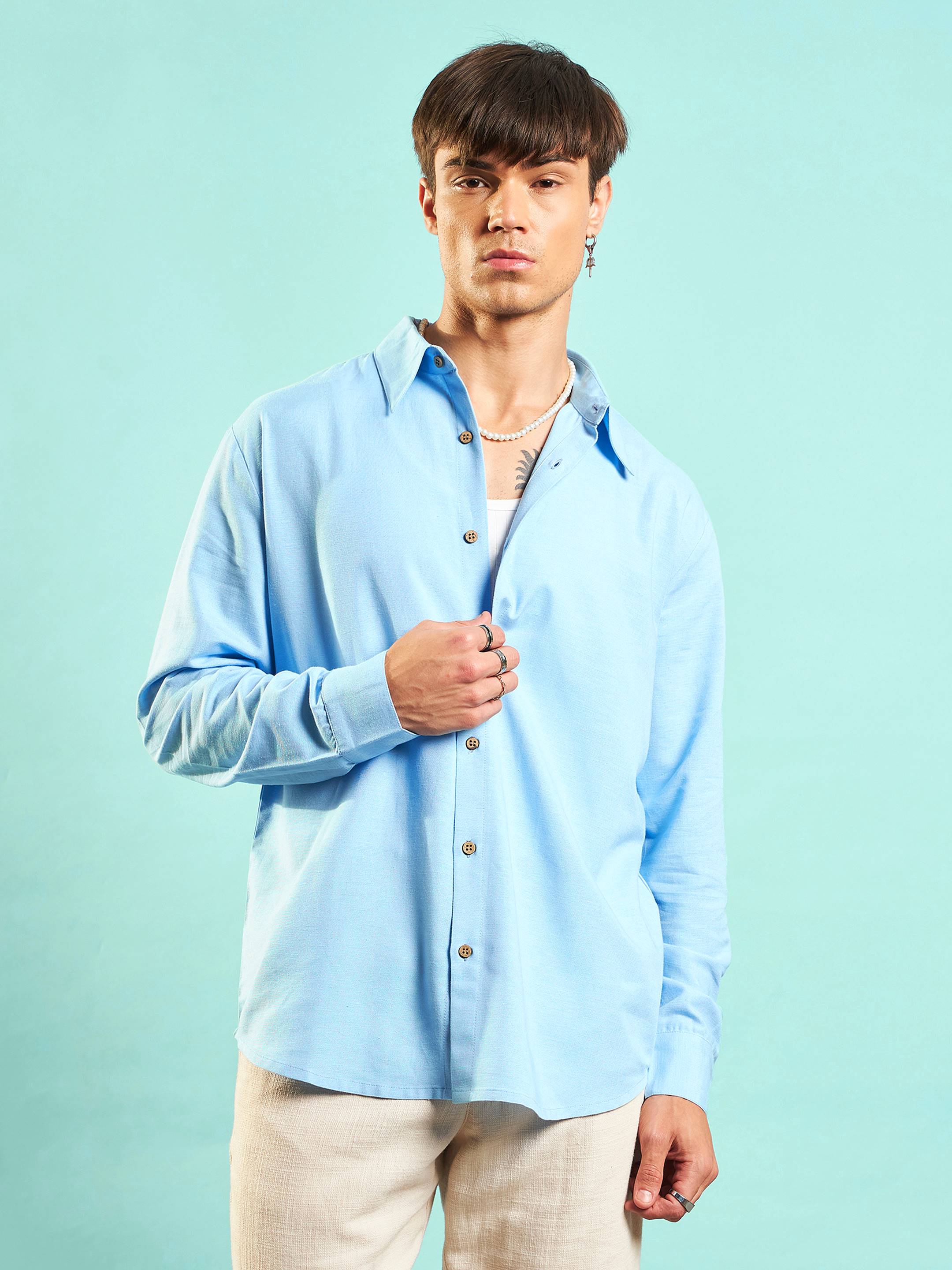 Men Blue Linen Flex Relax Fit Shirt