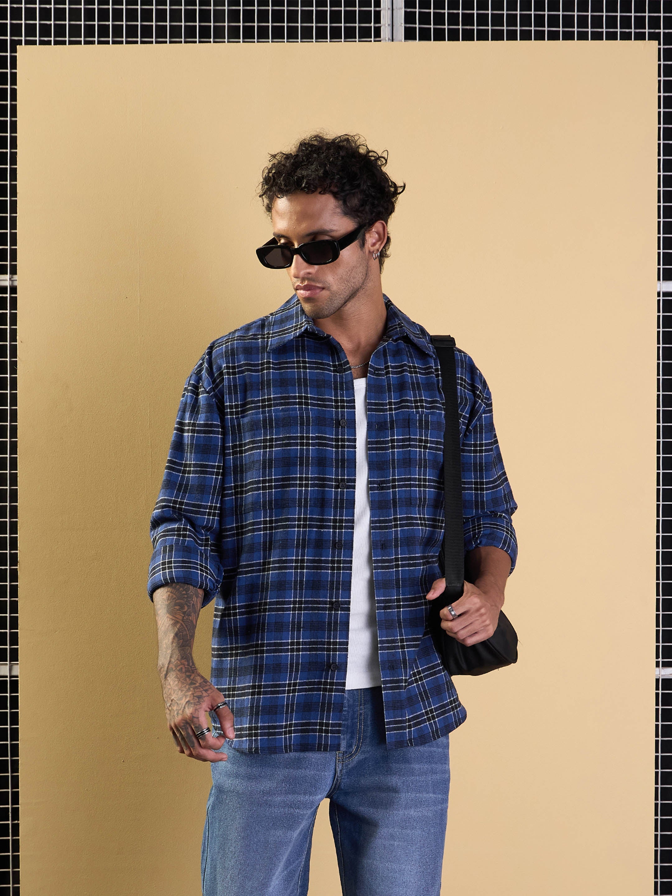 Men Blue & Black Check Patch Pocket Oversize Shirt