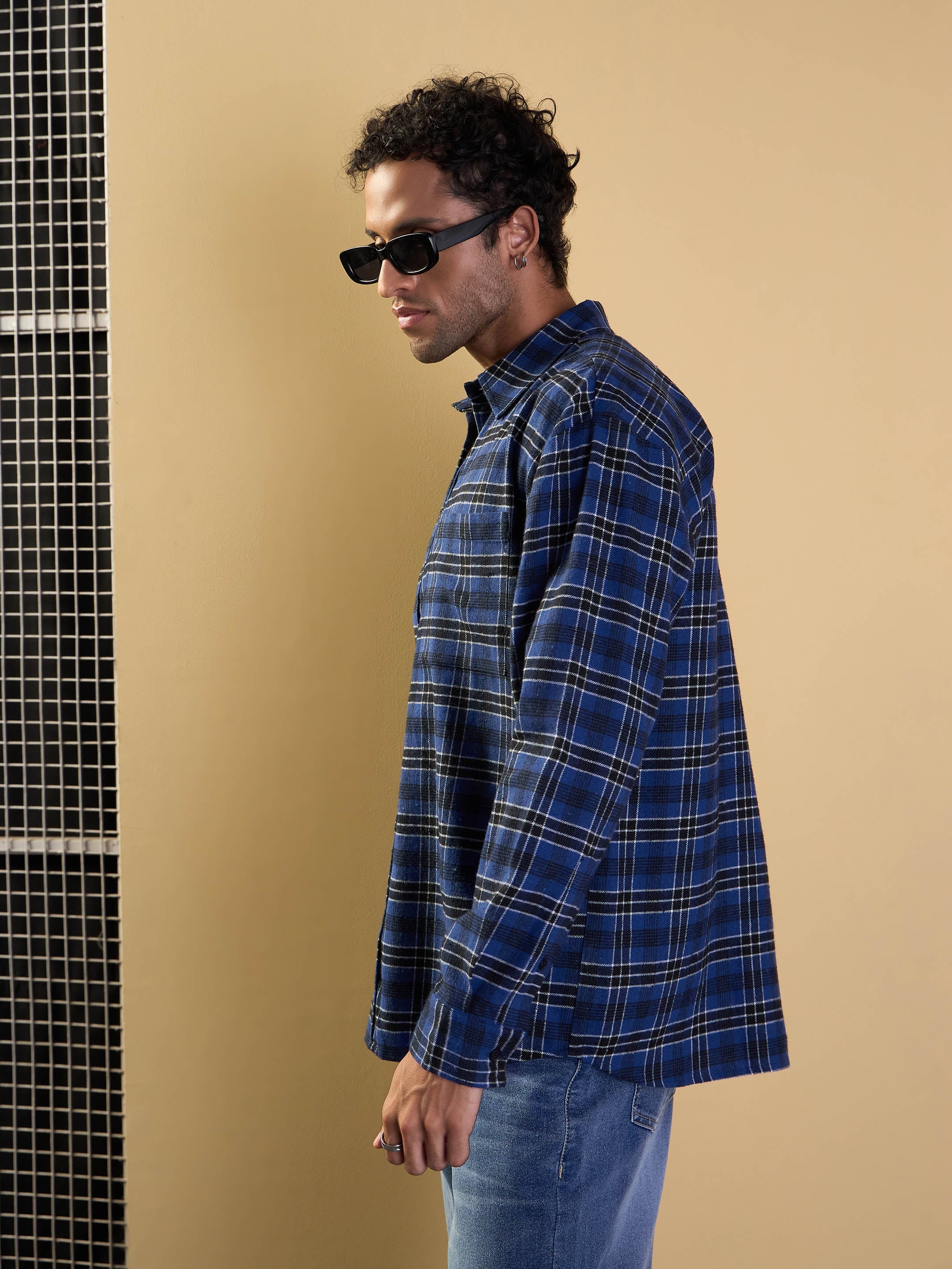 Men Blue & Black Check Patch Pocket Oversize Shirt