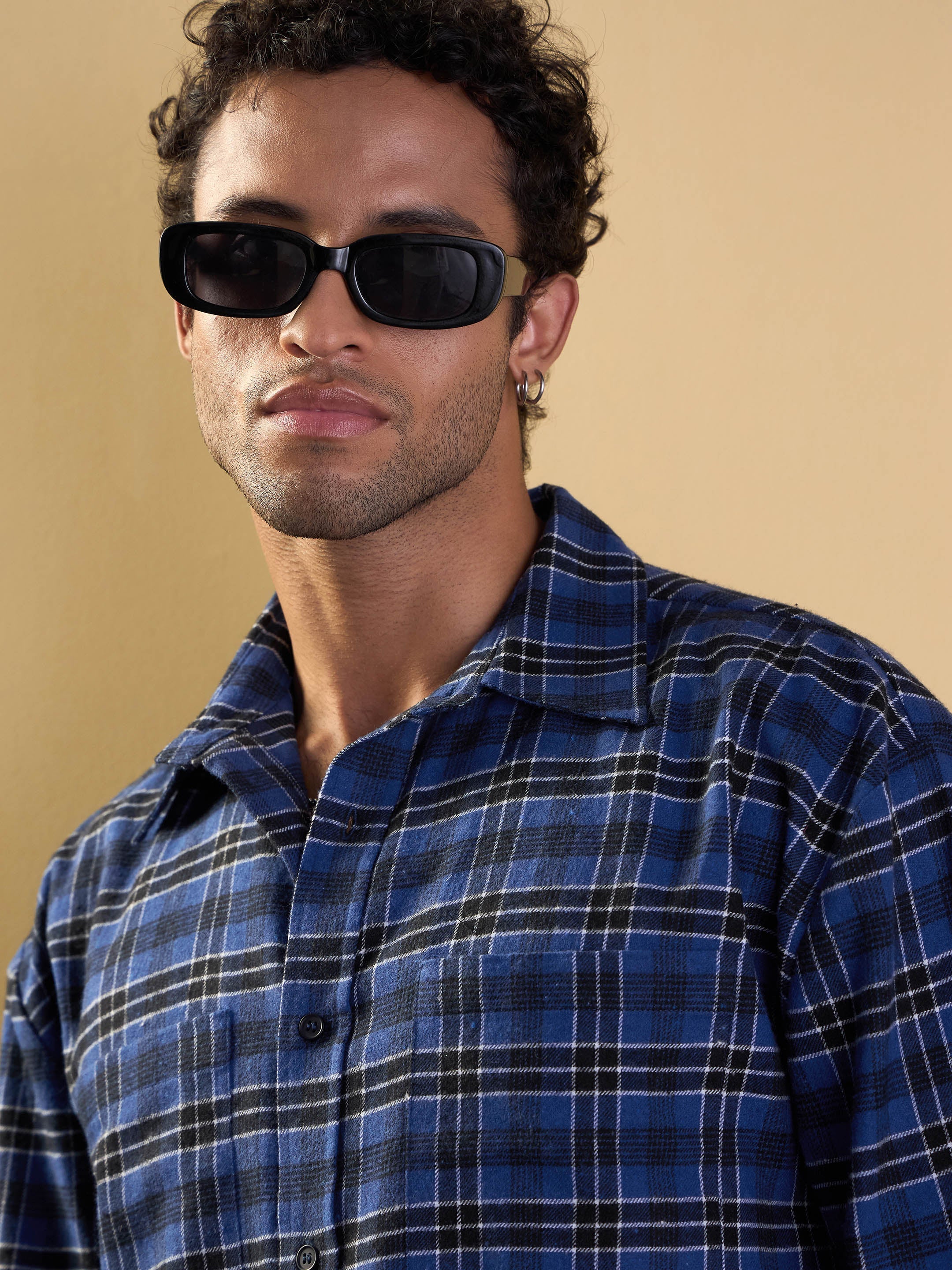 Men Blue & Black Check Patch Pocket Oversize Shirt