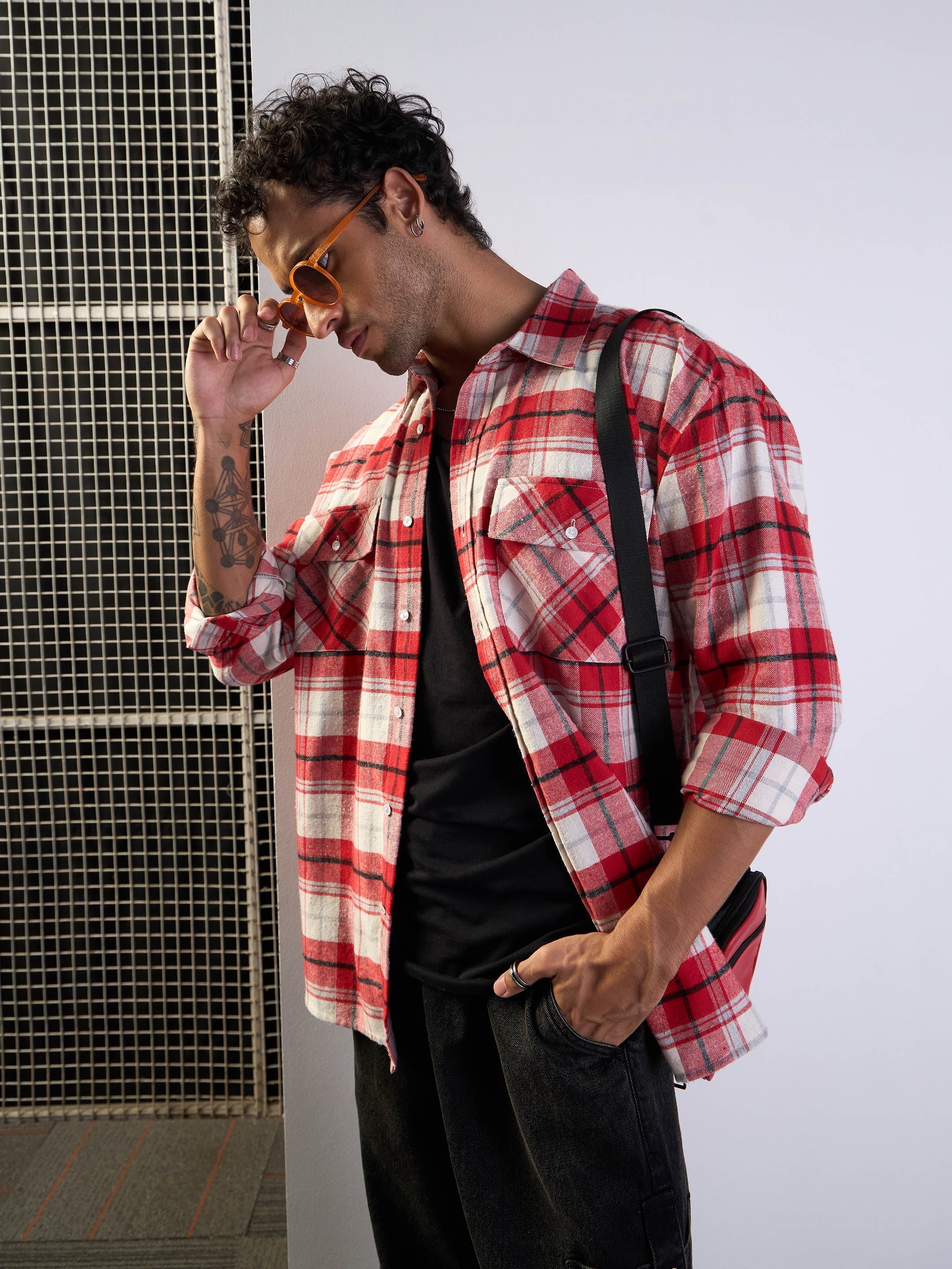 Men Red & White Check Flap Pocket Oversize Shirt