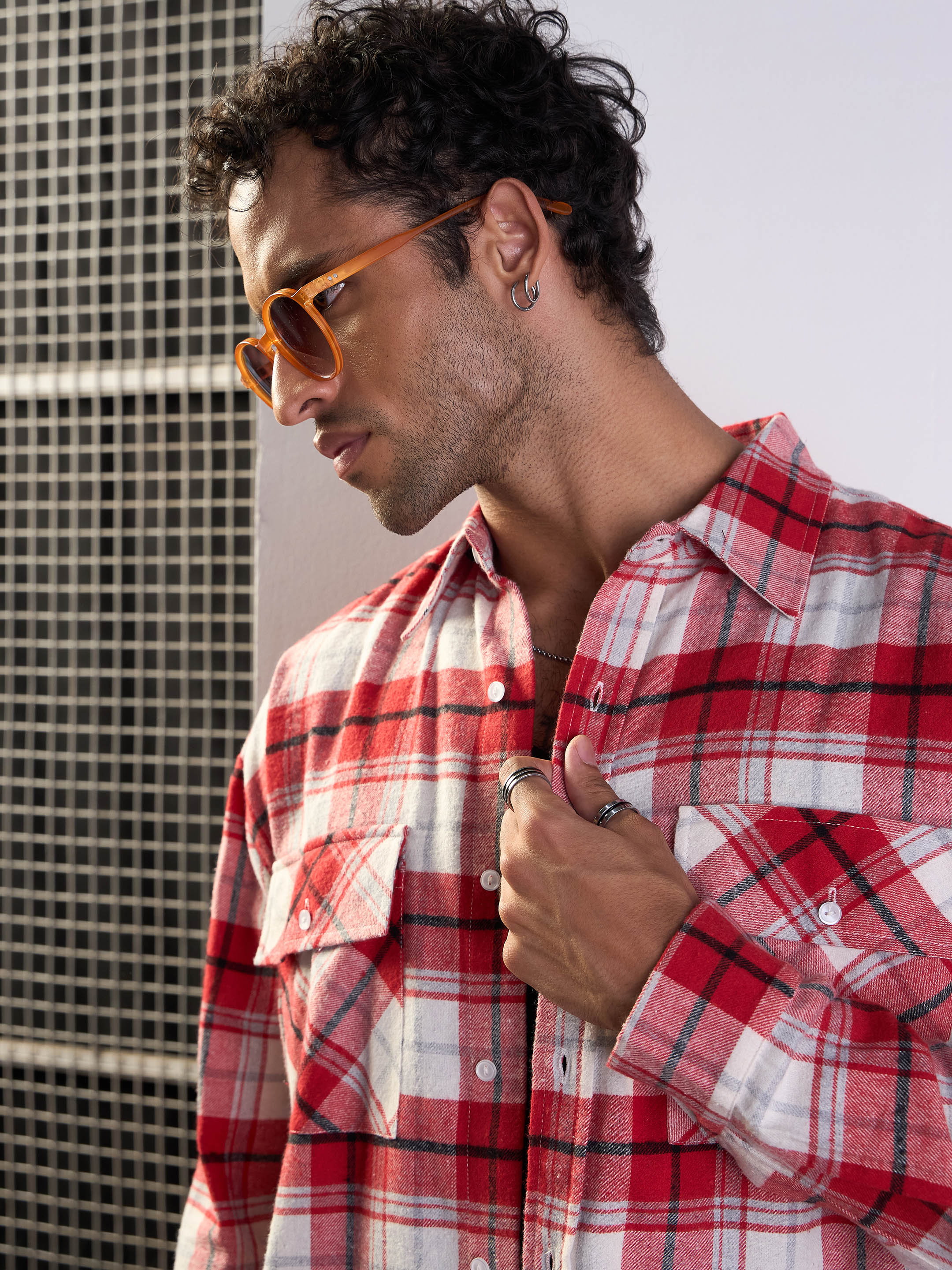 Men Red & White Check Flap Pocket Oversize Shirt