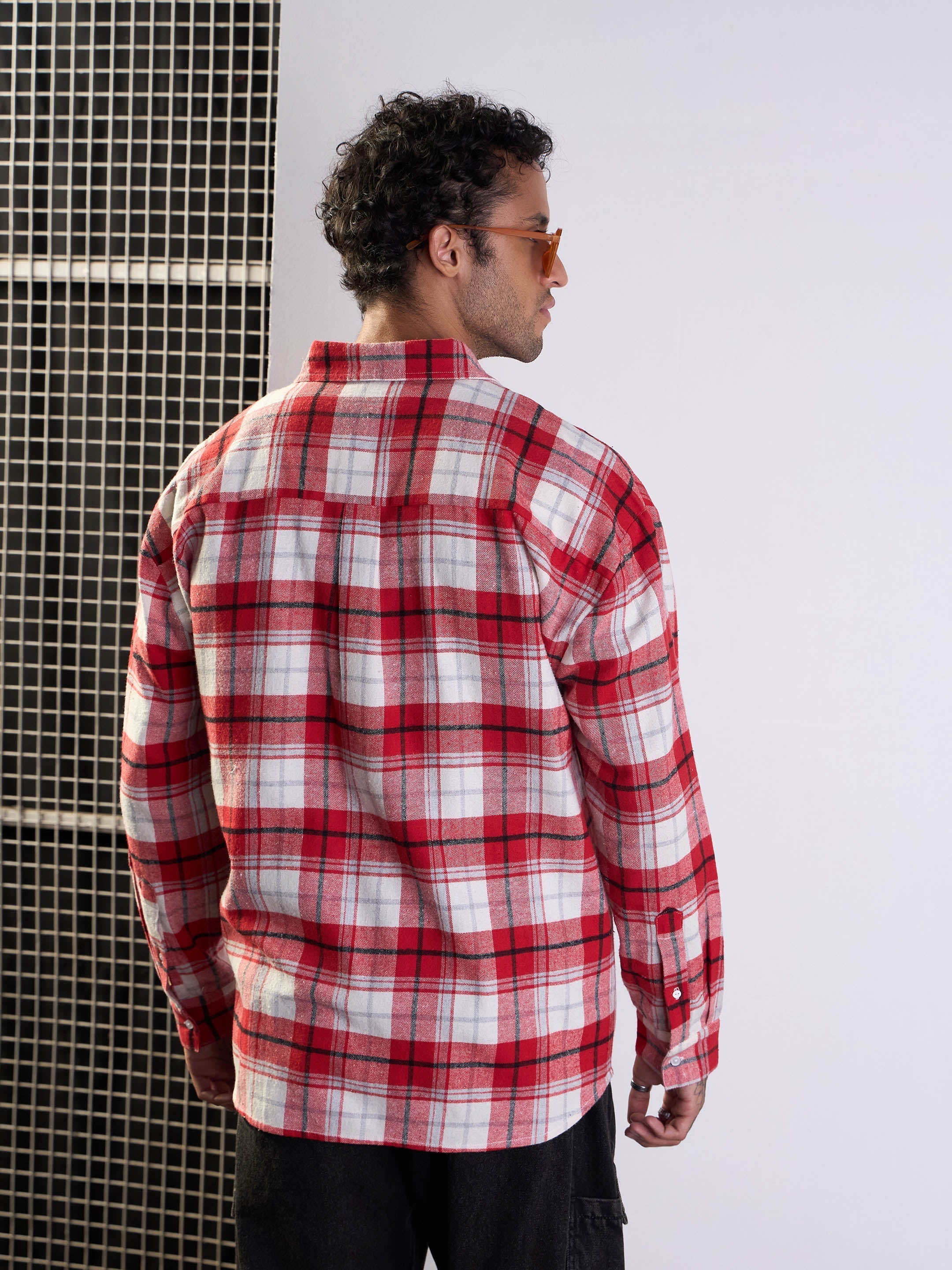 Men Red & White Check Flap Pocket Oversize Shirt