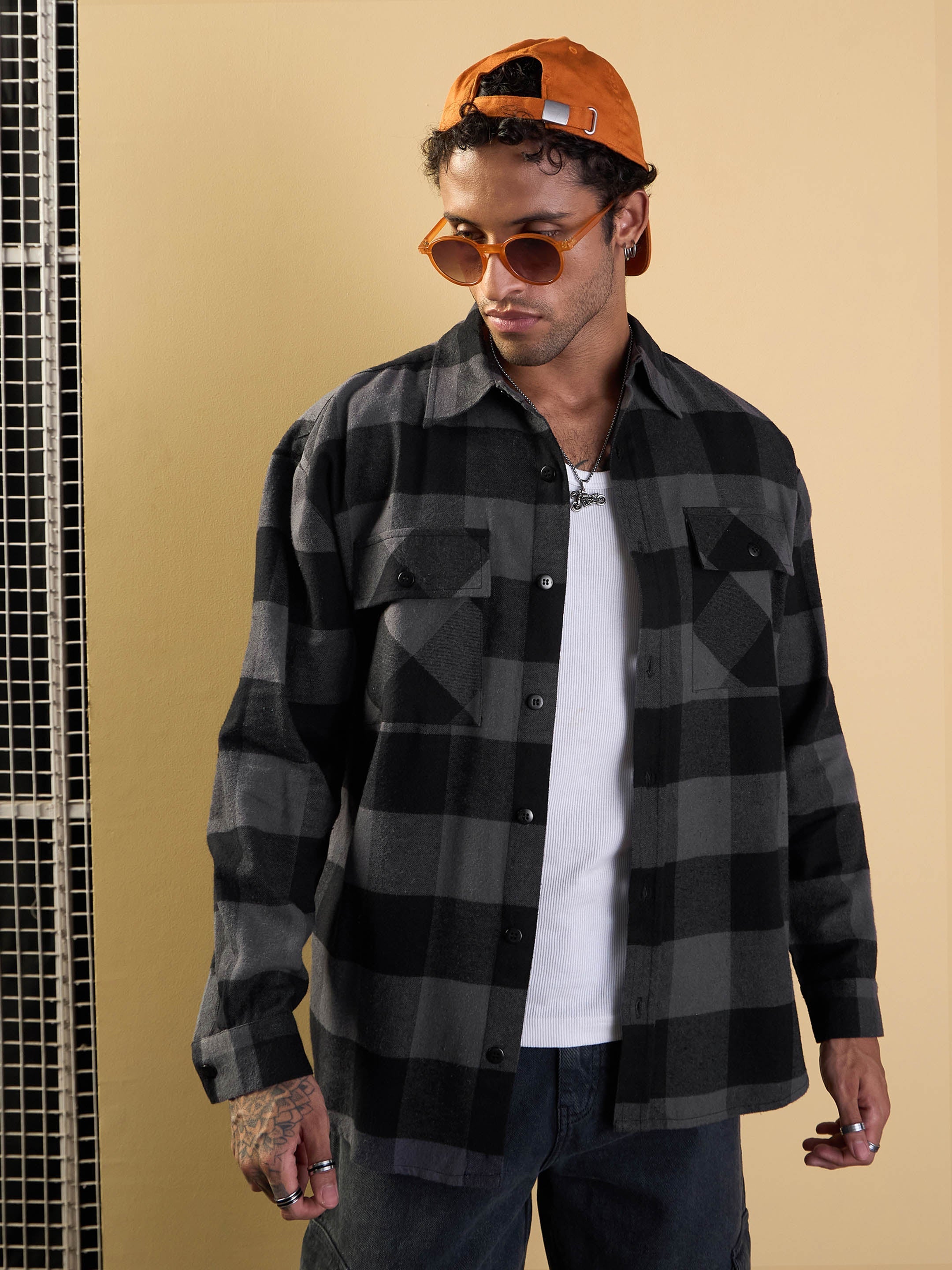 Men Grey & Black Check Flap Pocket Oversize Shirt