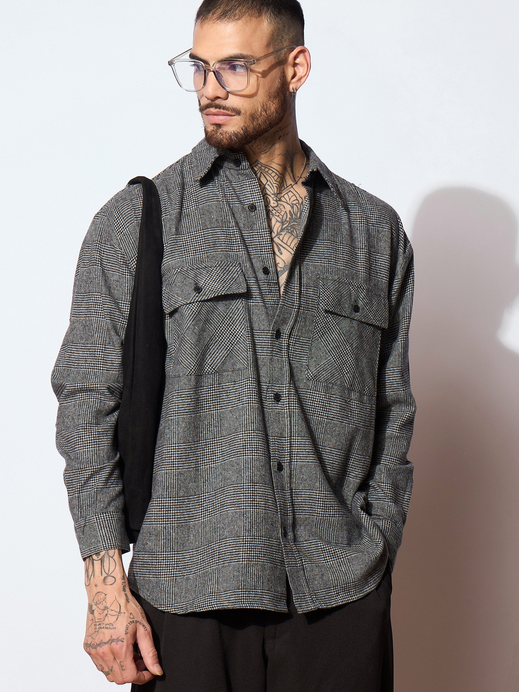 Men Grey Check Flap Pocket Oversize Shirt