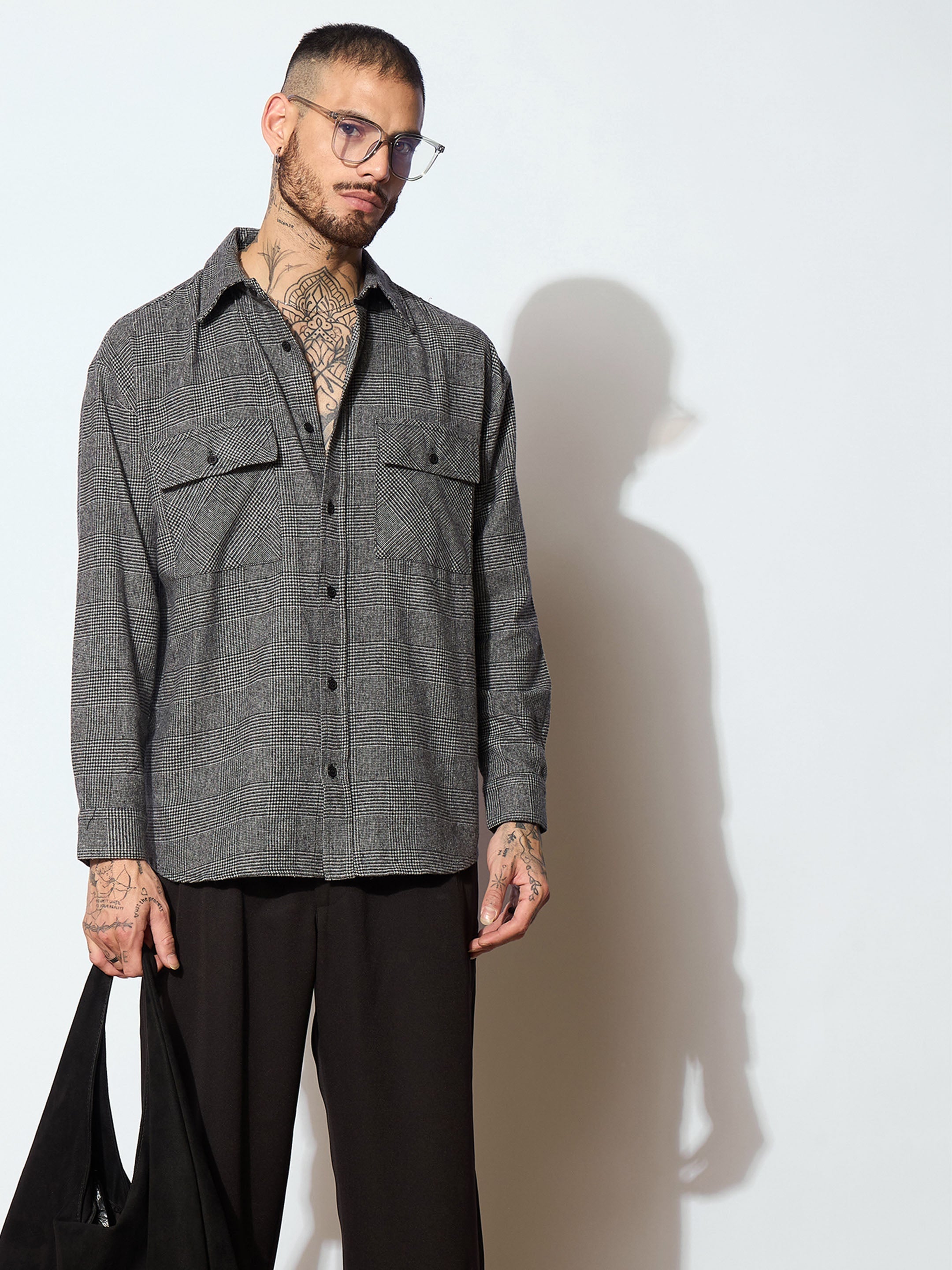 Men Grey Check Flap Pocket Oversize Shirt