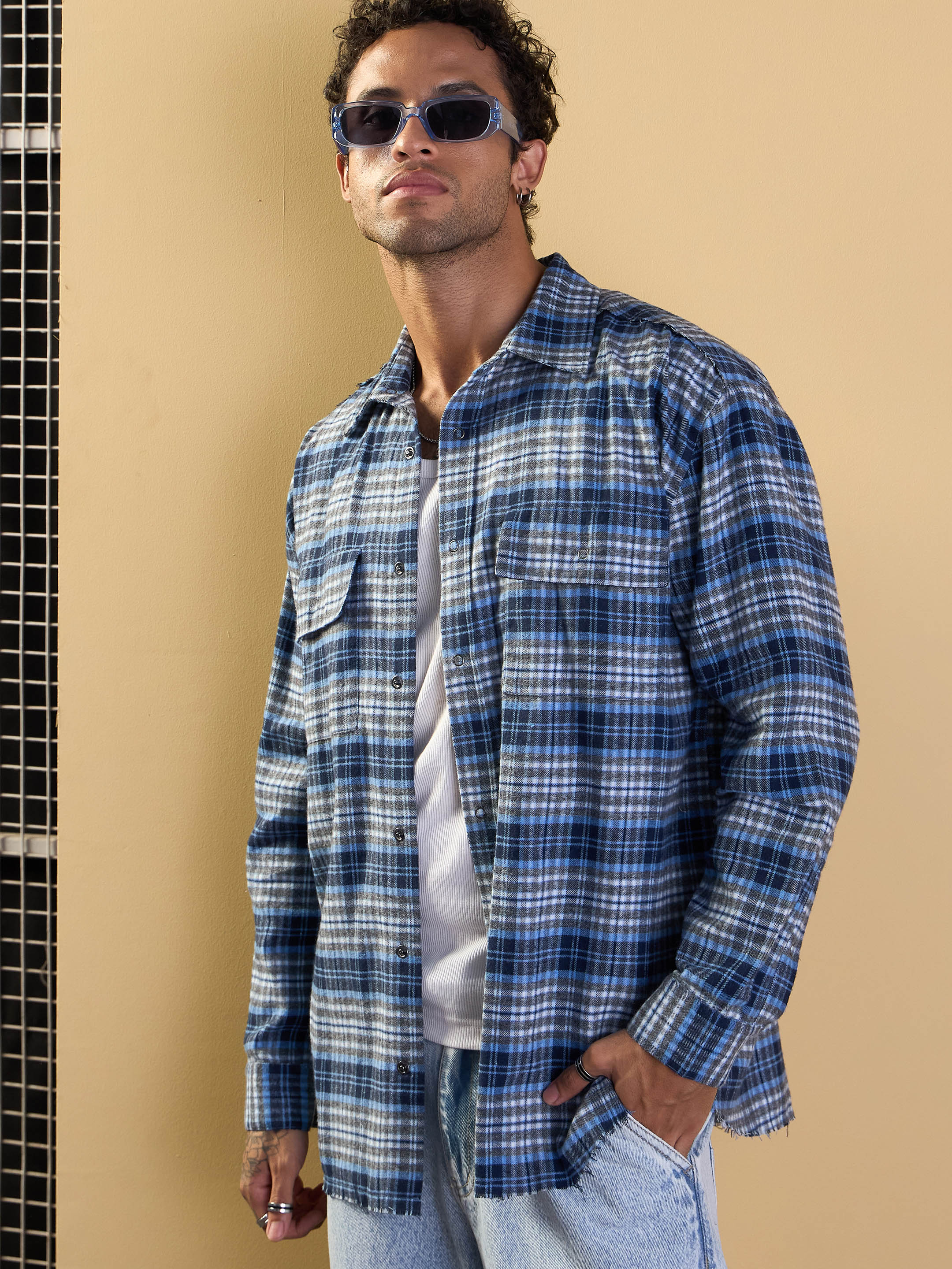 Men Grey & Blue Check Raw Edge Hem Oversize Shirt